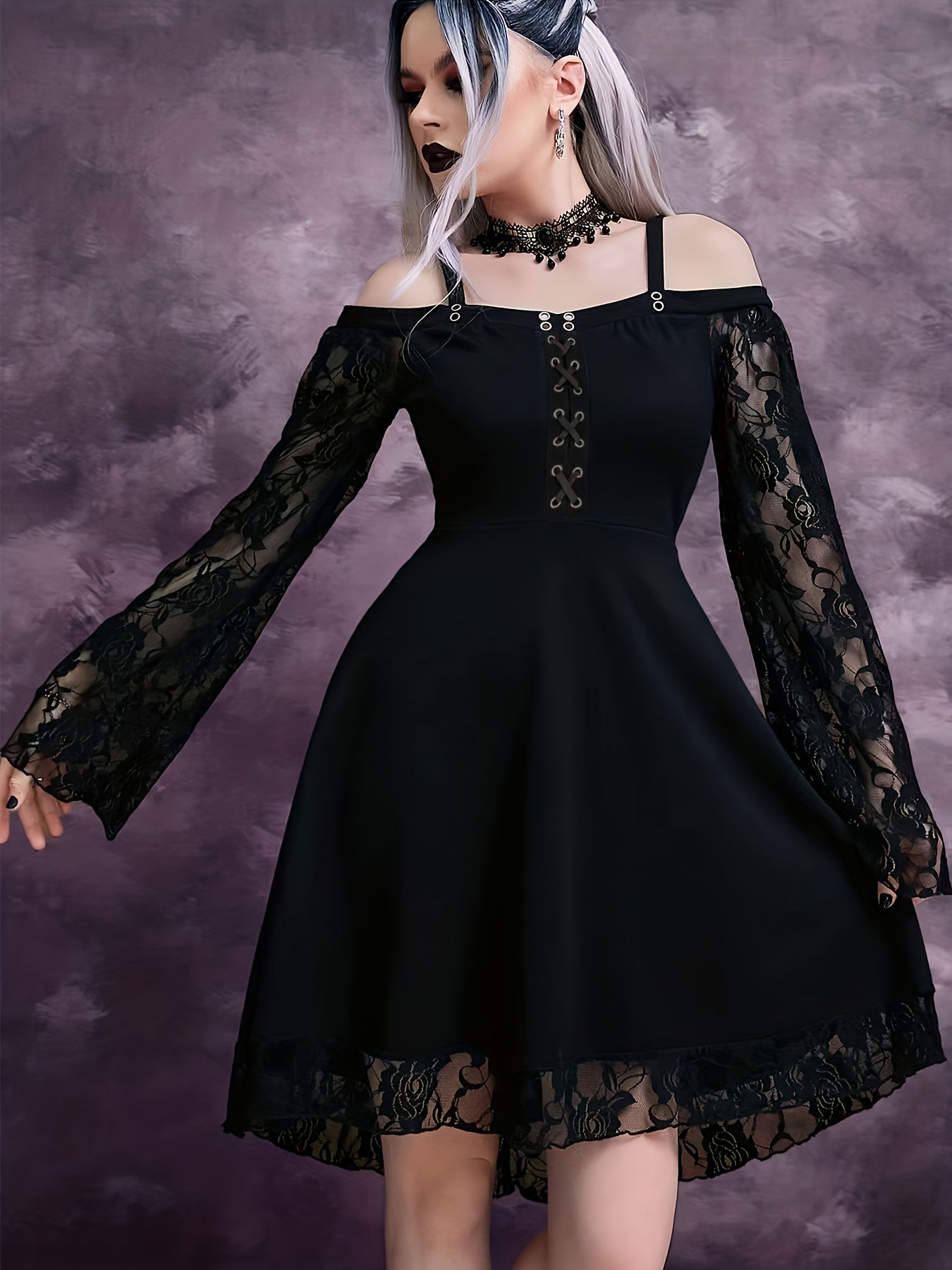 Solid Contrast Lace Dress, Gothic Drawstring Solid Mini Dress, Women's Clothing