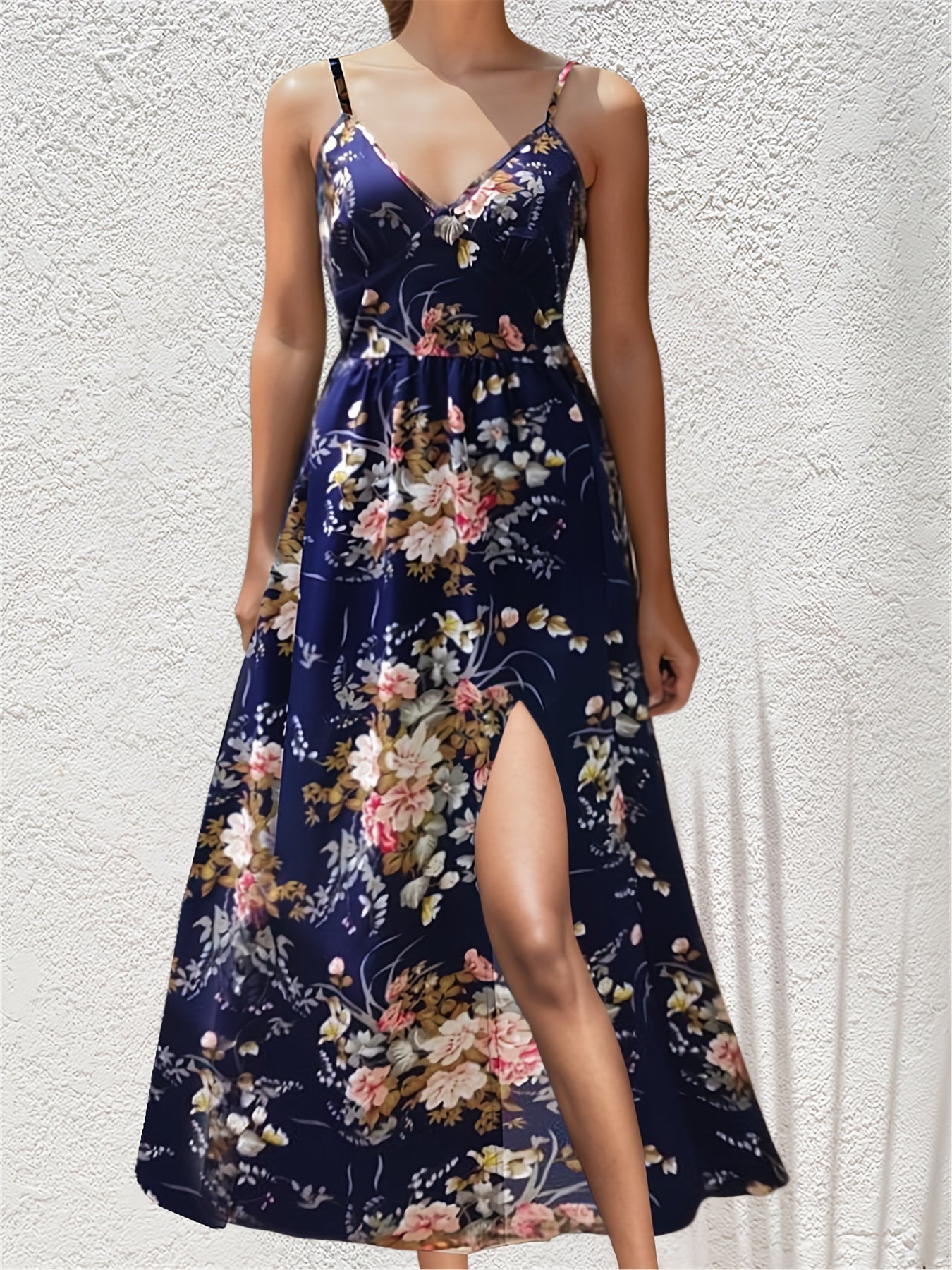 gbolsos Tropical Print Cami Dress, Vacation Split Thigh Sleeveless Summer Maxi Dress, Women's Clothing