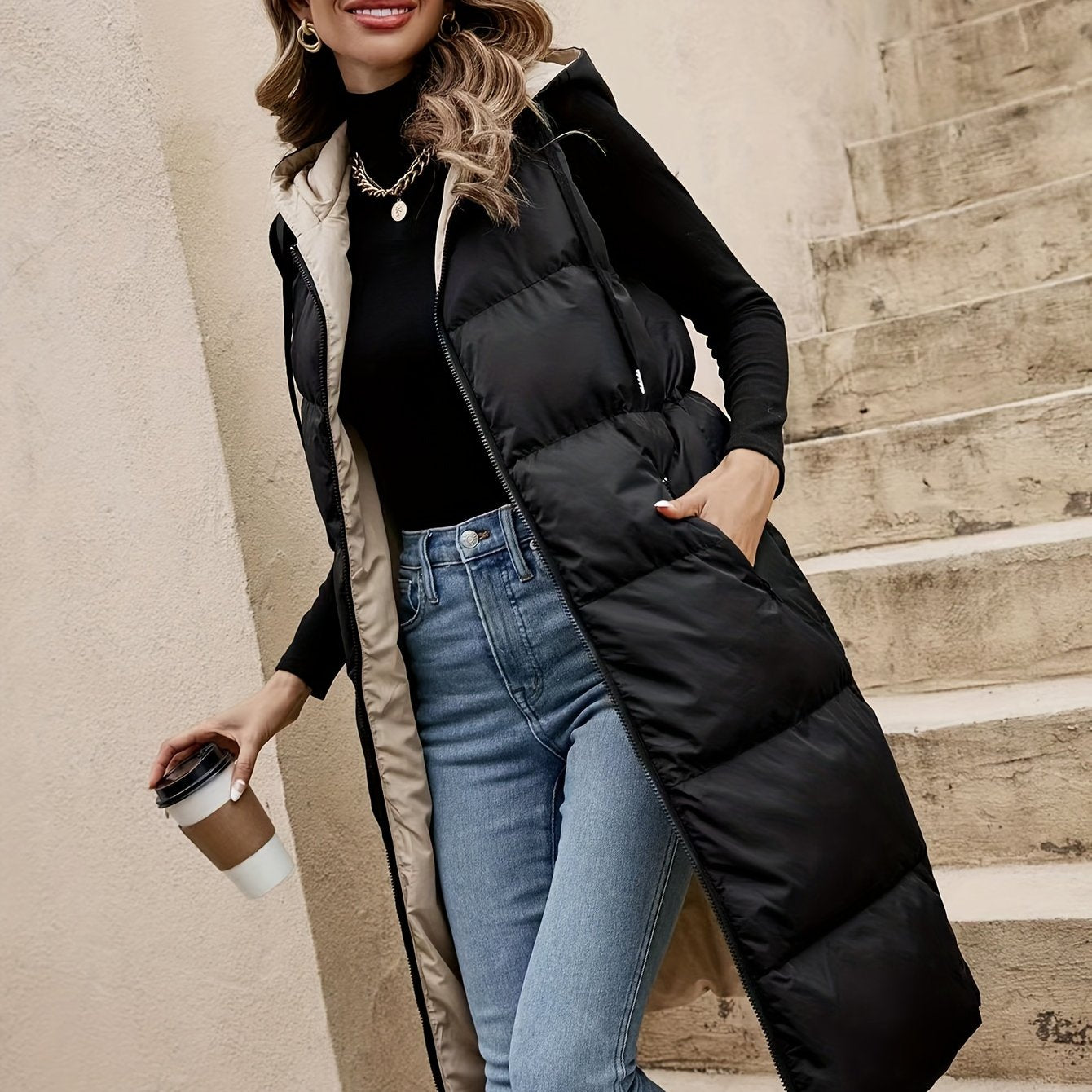 Hooded Sleeveless Coat, Casual Zipper Long Length Winter Outerwear, Women's Clothing