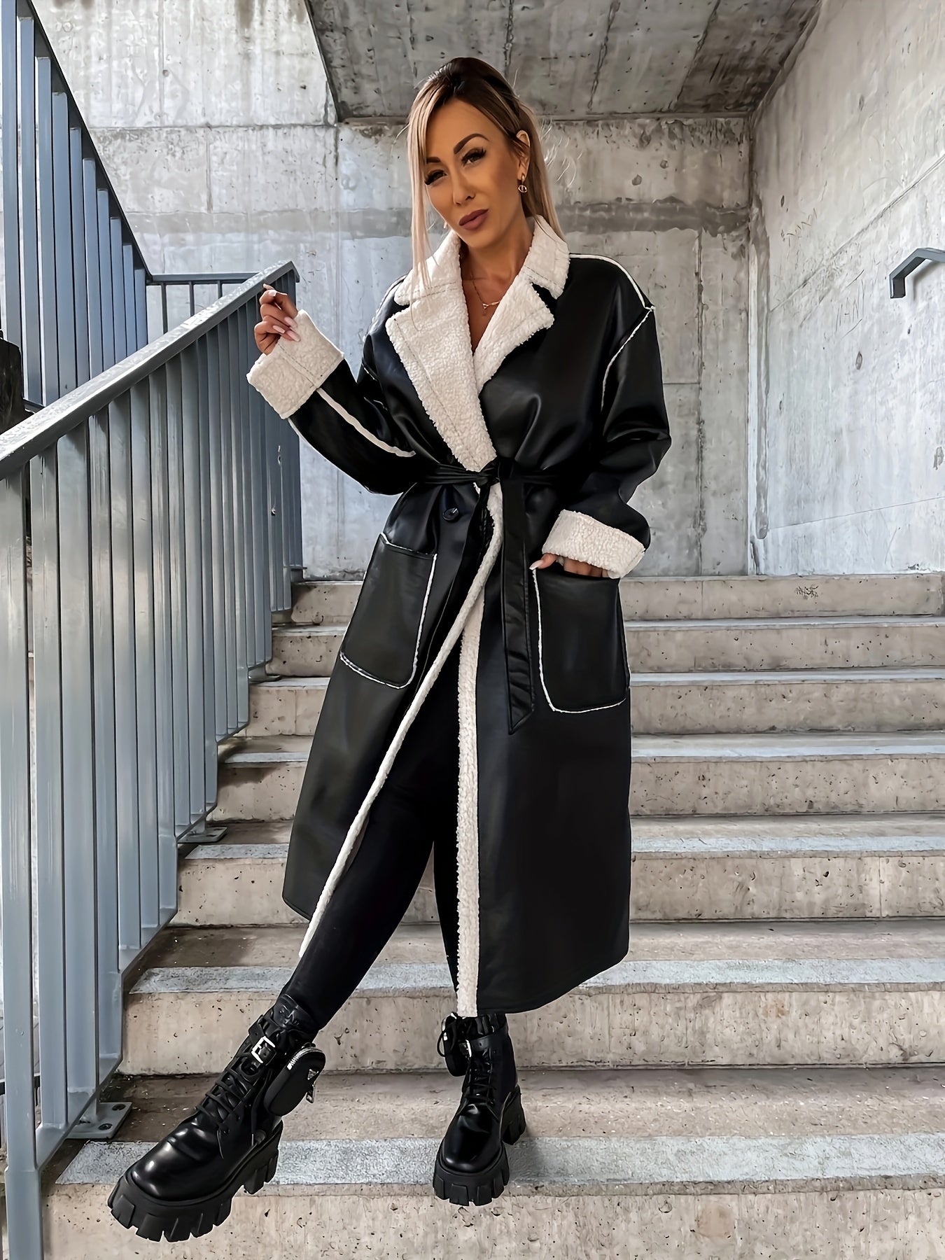 gbolsos Contrast Trim Faux Leather Overcoat, Vintage Lapel Long Sleeve Patched Pockets Belted Overcoat, Women's Clothing