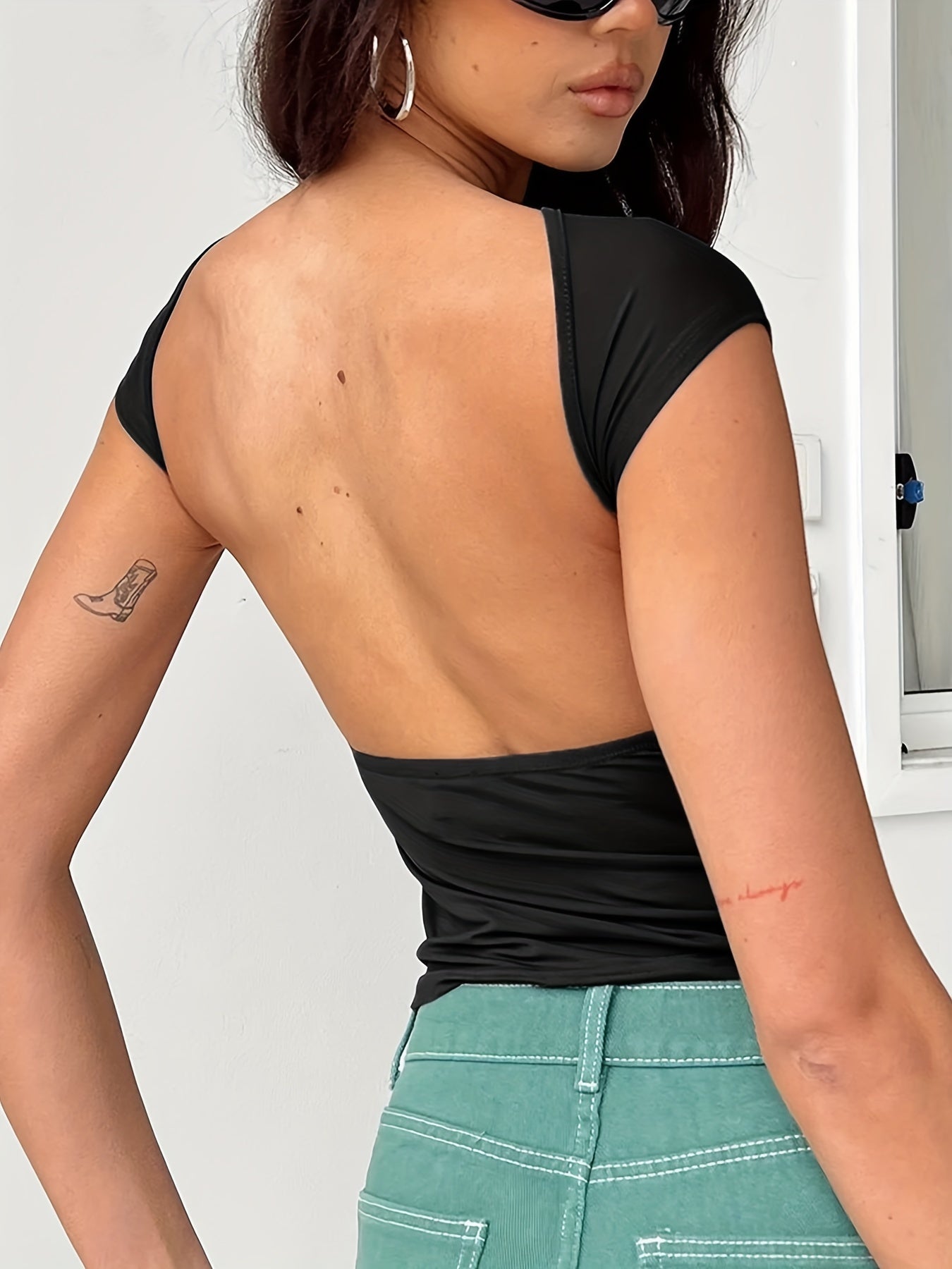 kkboxly Y2K Solid Backless T-shirt, Sexy Cap Sleeve Crew Neck Slim Versatile T-shirt, Women's Clothing