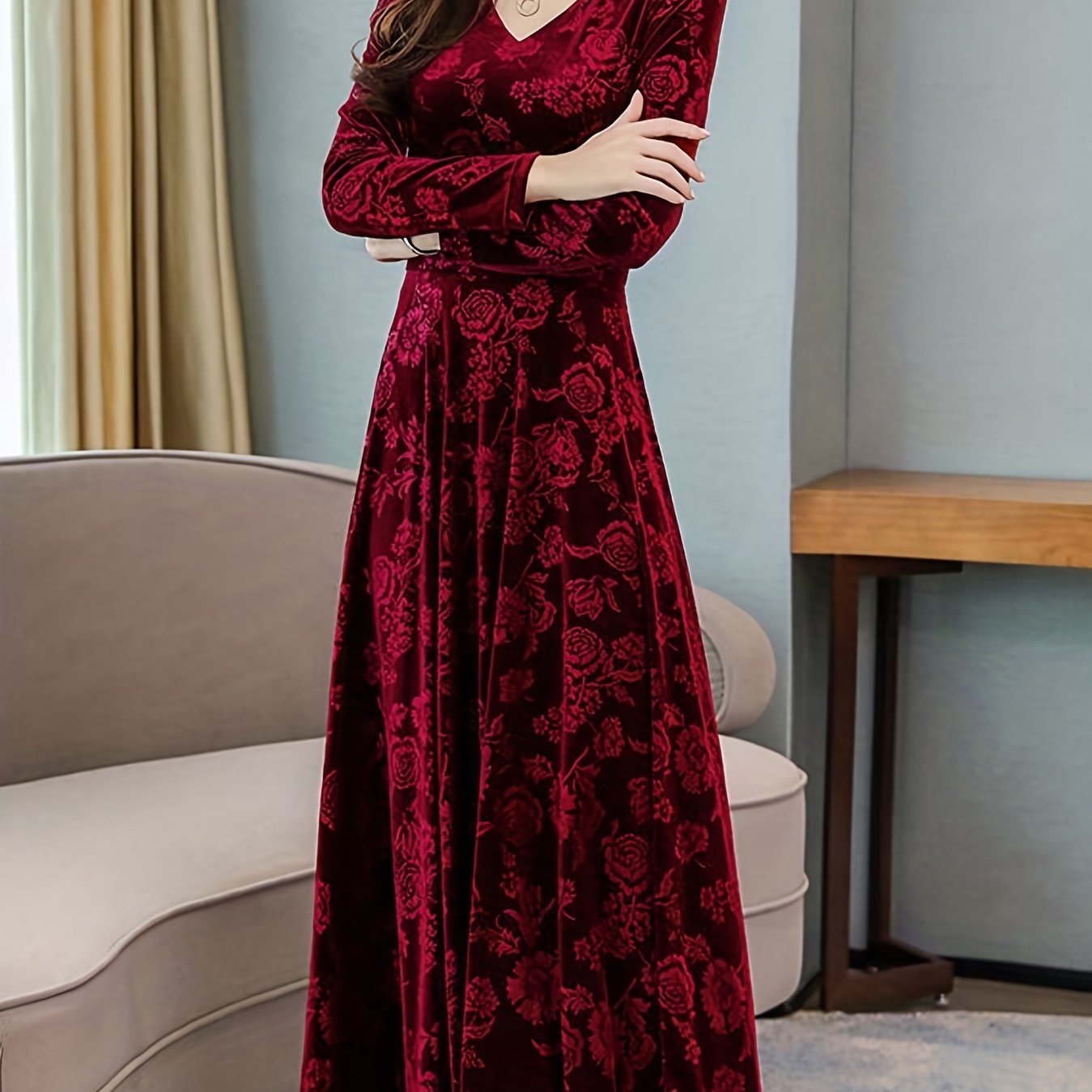 gbolsos Floral Pattern Maxi Dress, Elegant V Neck Long Sleeve Dress, Women's Clothing