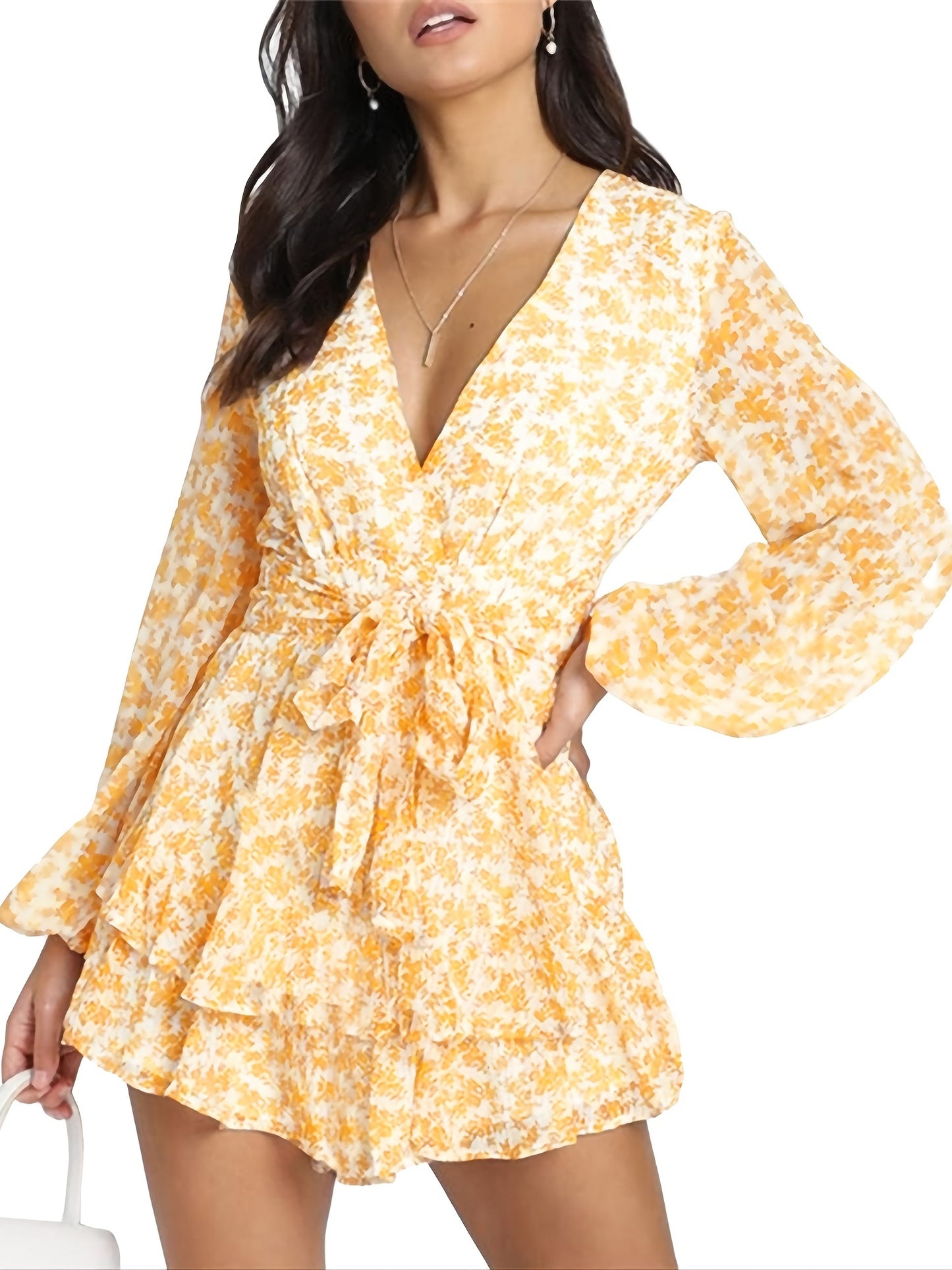 elveswallet Ladies Polka-dot V-neck Jumpsuits, Long Sleeve Ruffle Hem Romper Playsuit, Casual Every Day Romper, Women's Clothing