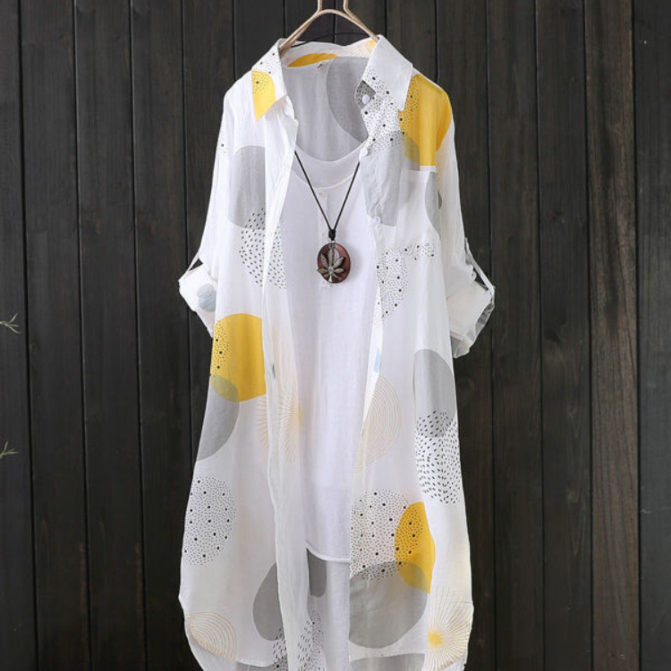gbolsos Allover Print Button Front Blouse, Casual Long Sleeve Thigh Length Blouse For Spring & Fall, Women's Clothing