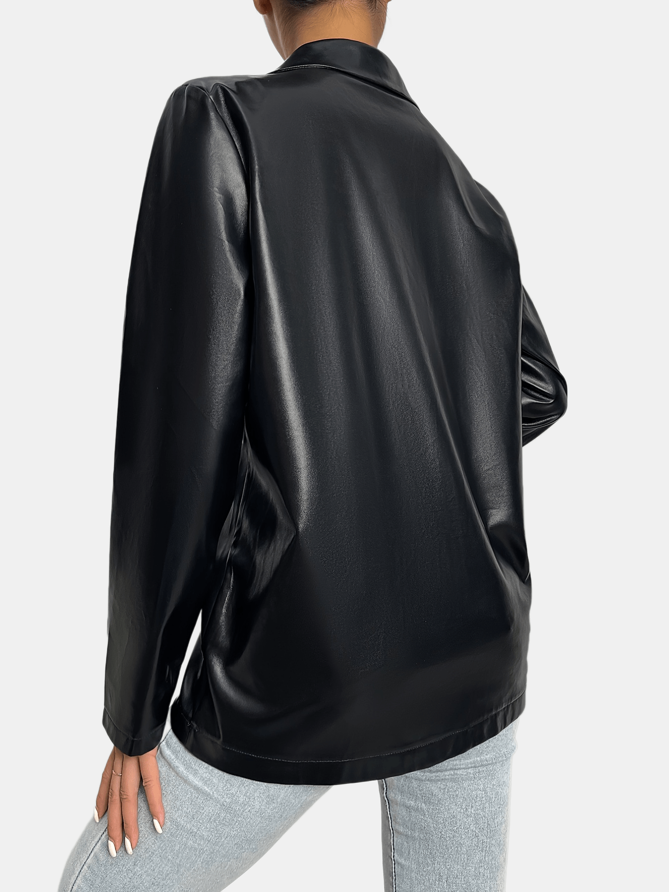 gbolsos Solid Lapel Faux Leather Long Sleeve Jacket, Elegant Open Front Stylish Outerwear, Women's Clothing