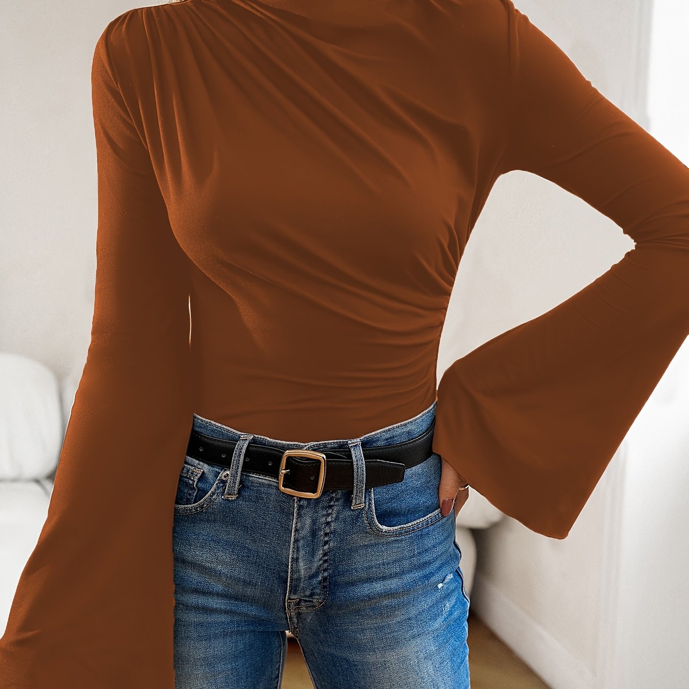 gbolsos Ruched Boat Neck T-Shirt, Elegant Long Flare Sleeve Top For Spring & Fall, Women's Clothing