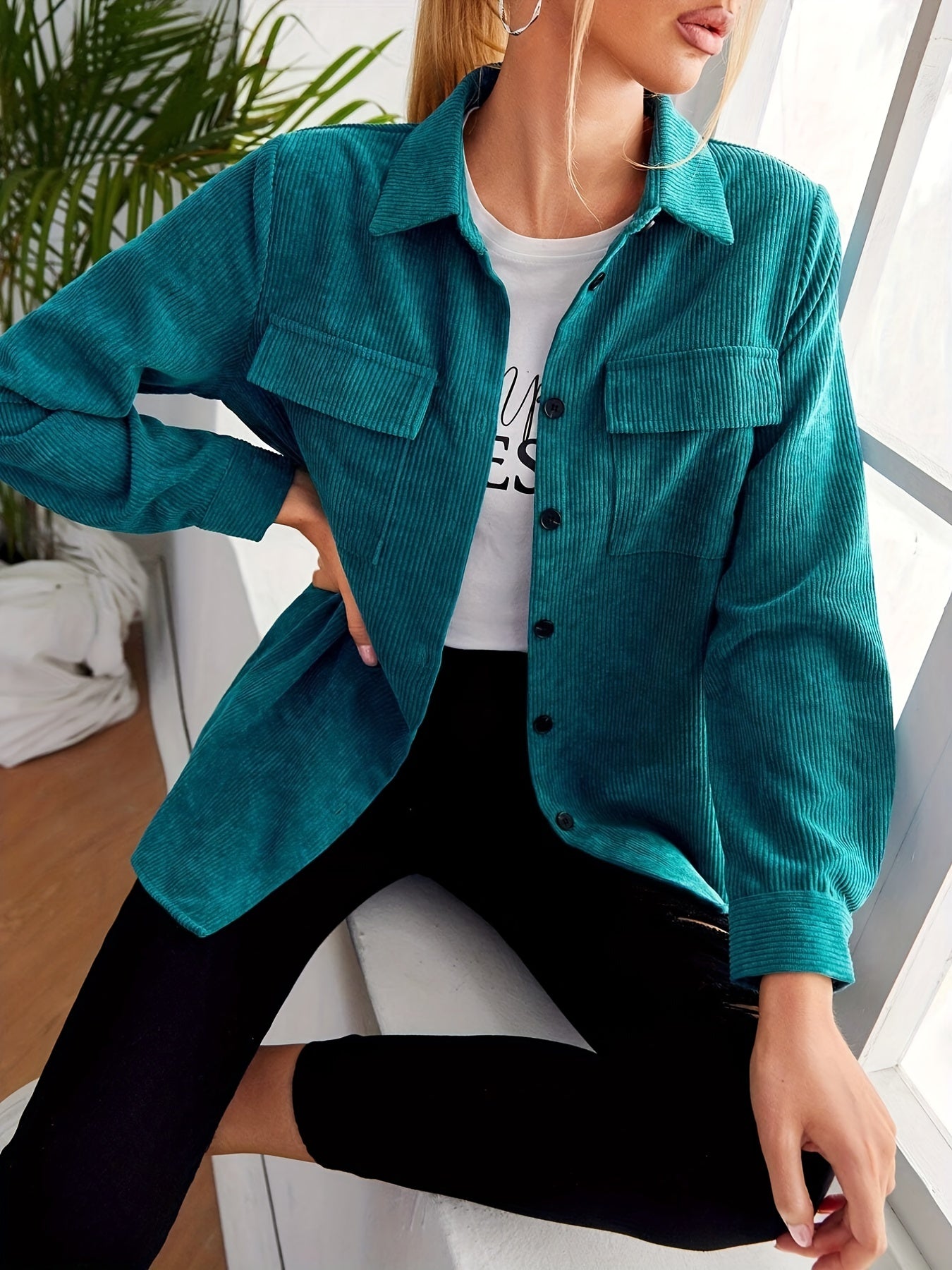 gbolsos Button Front Solid Jacket, Casual Long Sleeve Versatile Outerwear, Women's Clothing