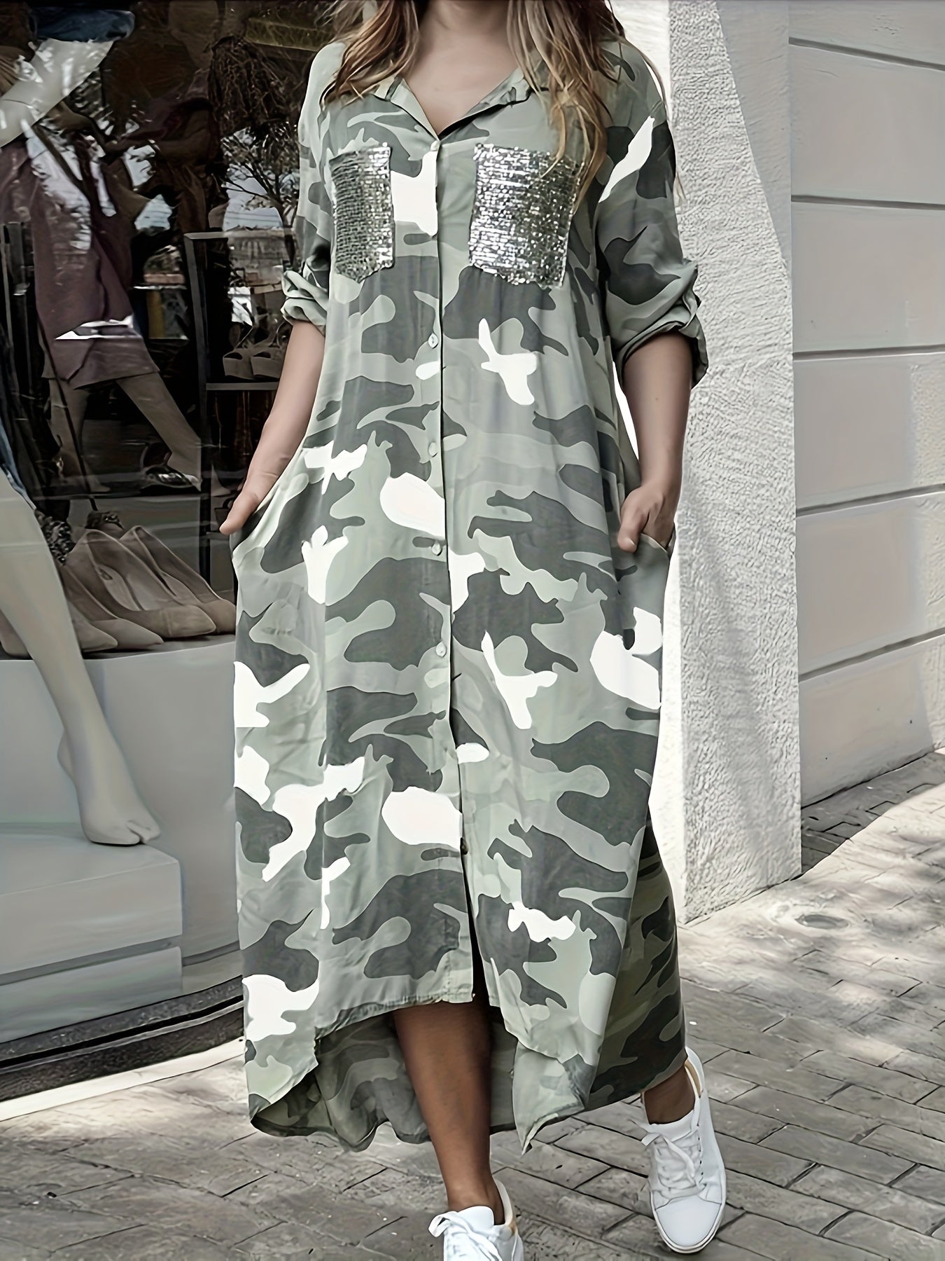 gbolsos Camo Print Shirt Dress, Casual Button Front Long Sleeve Collar Dress, Women's Clothing
