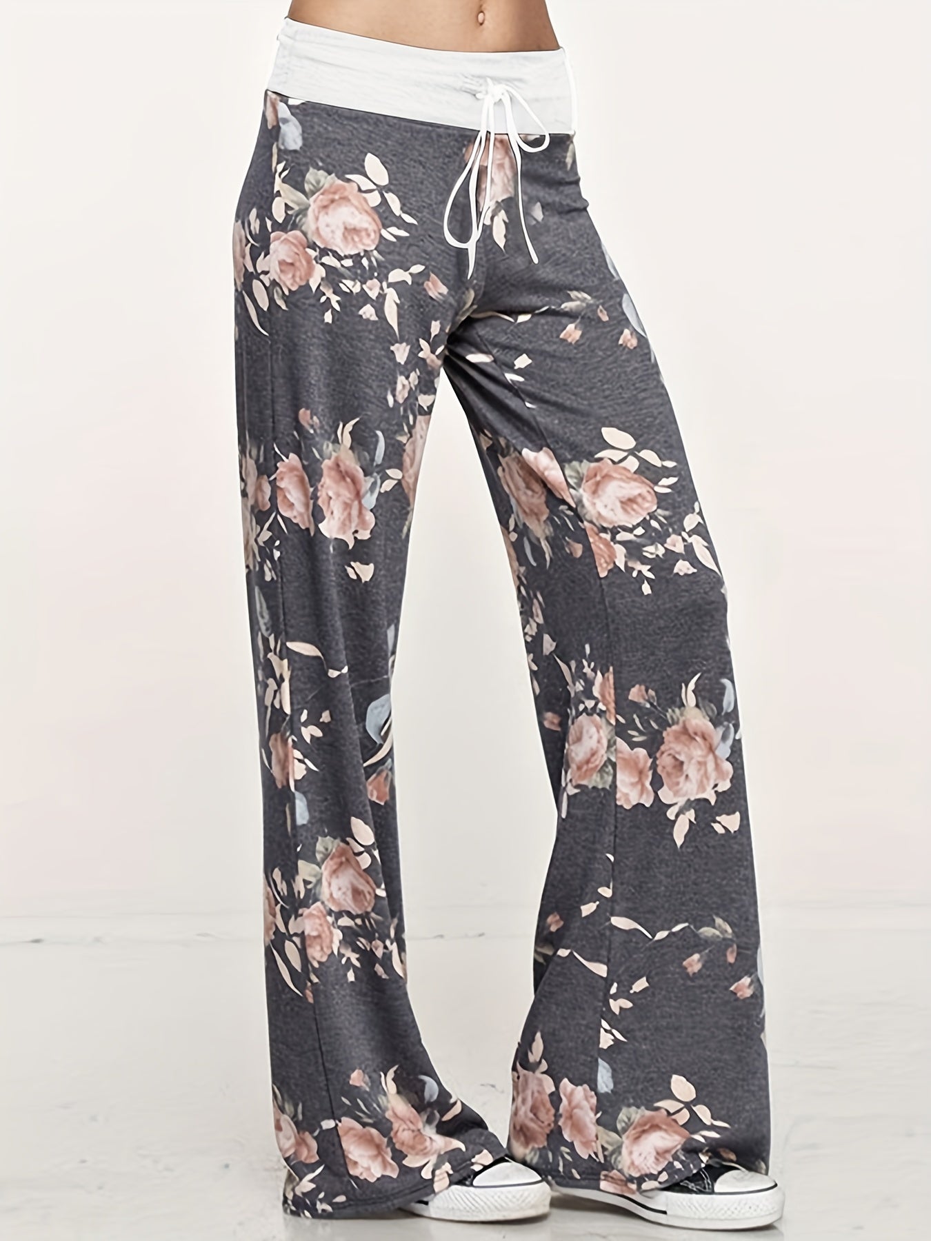 Loose Wide Leg Pants, Casual Yoga Low Waist Solid Floral Print Summer Comfy Pants, Women's Clothing