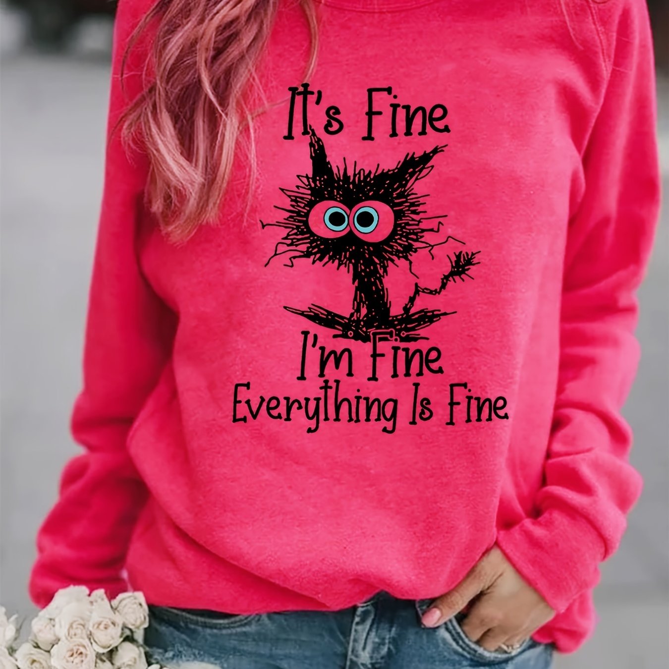 gbolsos It's Fine Cartoon Cat Print Sweatshirt, Long Sleeve Crew Neck Casual Sweatshirt For Winter & Fall, Women's Clothing