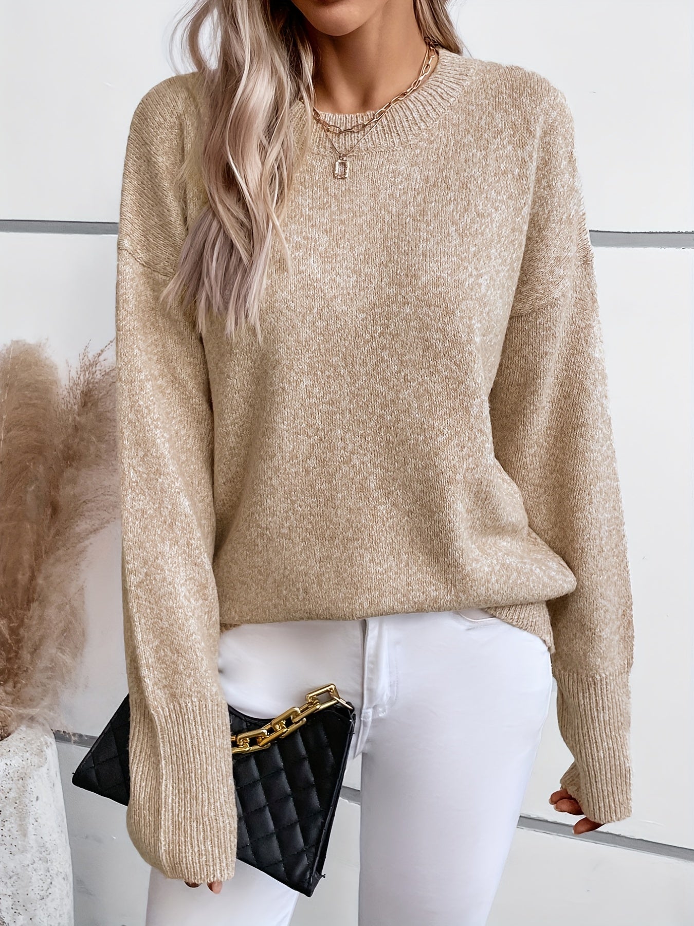 gbolsos Solid Crew Neck Pullover Sweater, Casual Long Sleeve Sweater For Fall & Winter, Women's Clothing