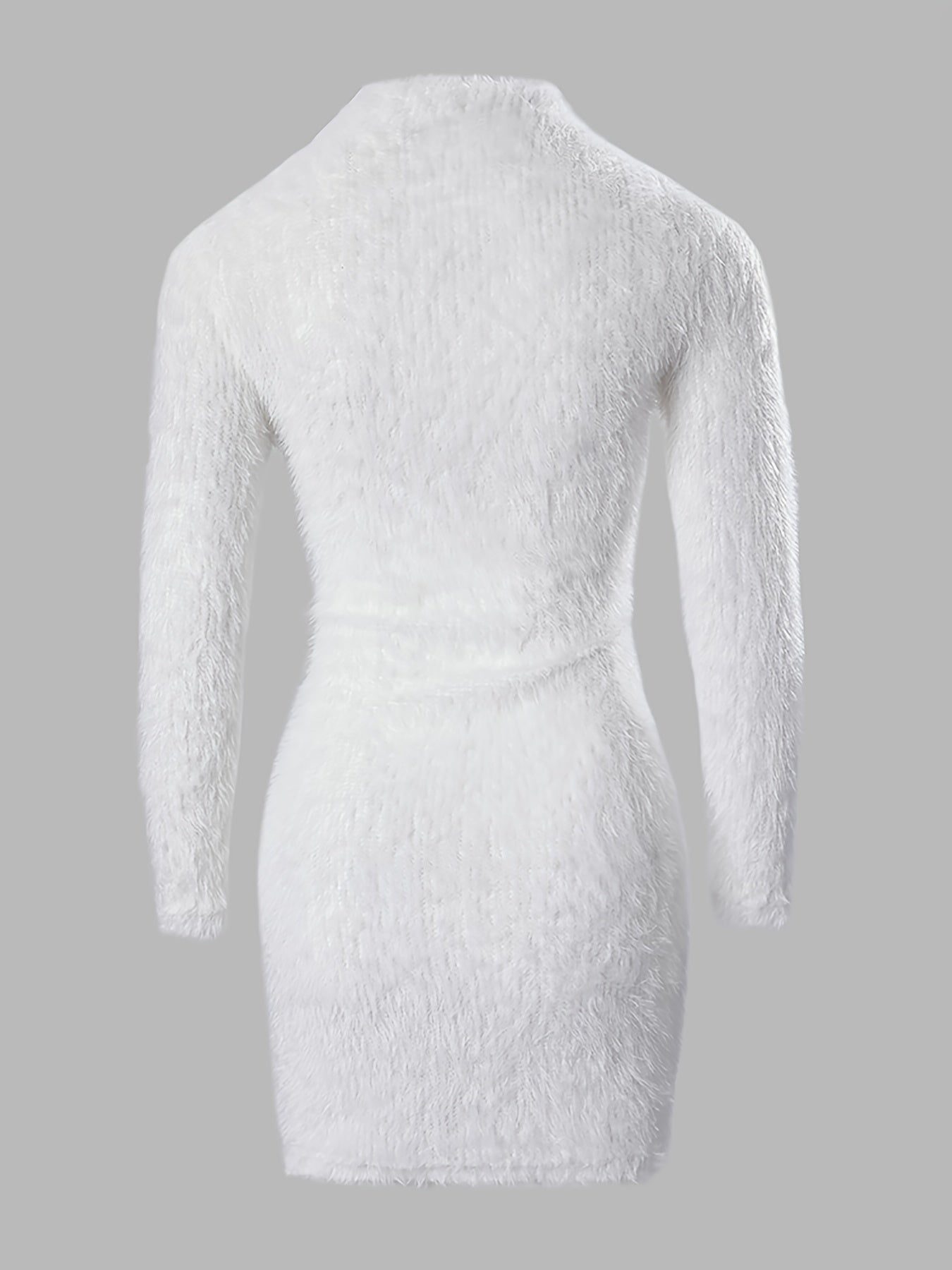 Fluffy Mock Neck Dress, Sexy Long Sleeve Bodycon Mini Dress, Women's Clothing