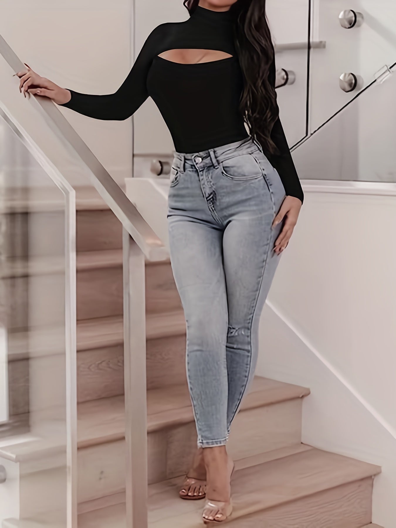 gbolsos Plus Size Sexy Bodysuit, Women's Plus Solid Cut Out Front Long Sleeve High Neck Slim Fit Bodysuit