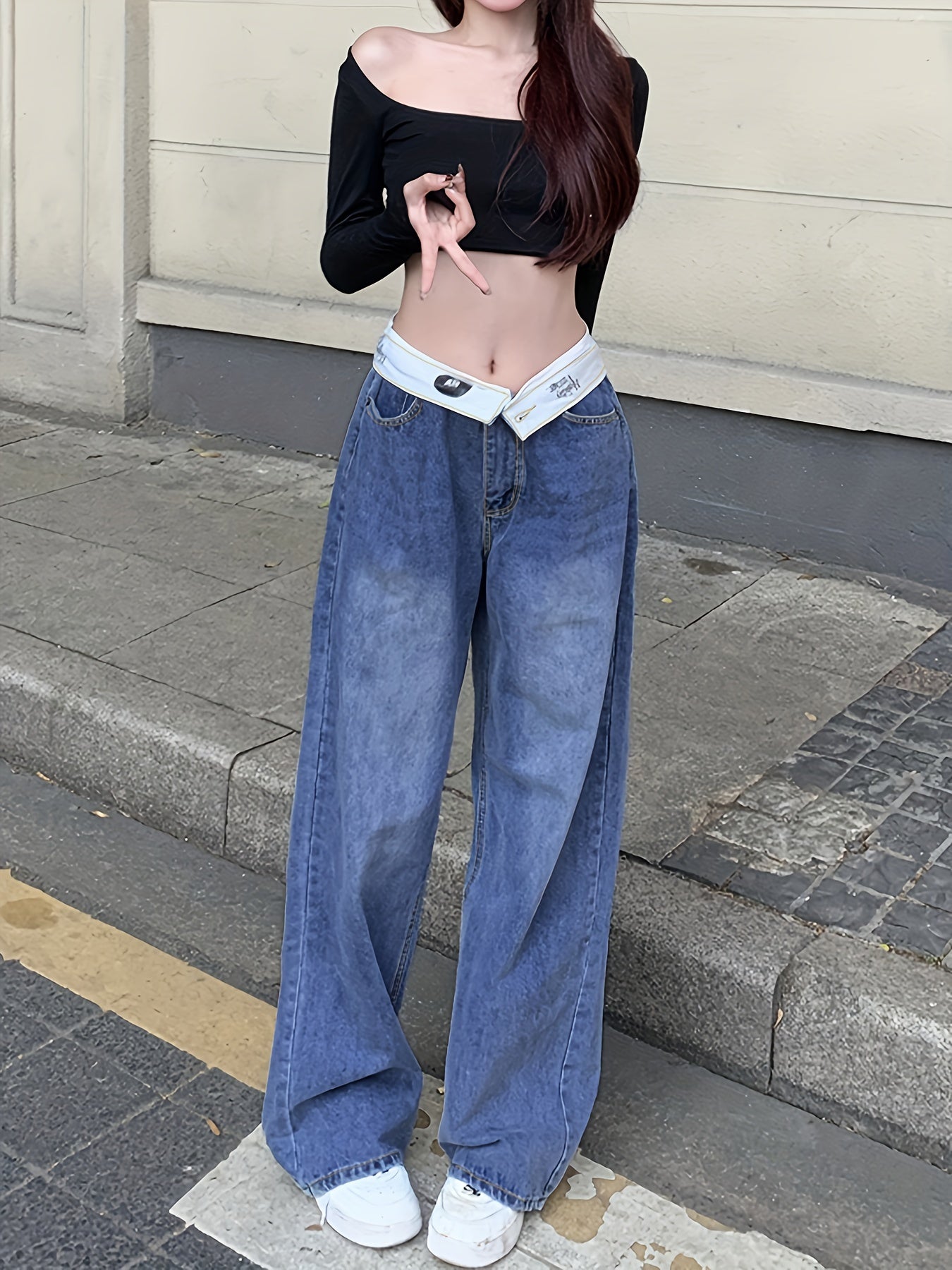 gbolsos Blue Flipped Waist Design Straight Jeans, Loose Fit Double Button Wide Legs Jeans, Women's Denim Jeans & Clothing