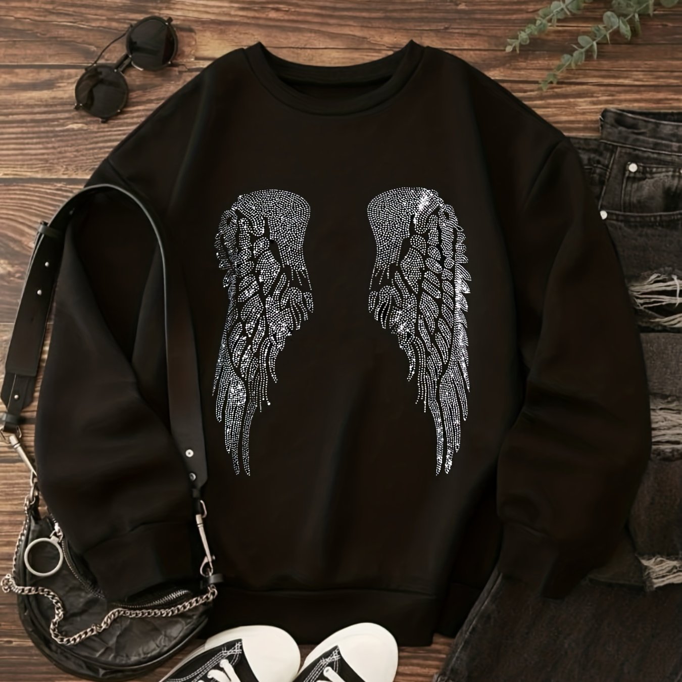 gbolsos Wing Rhinestone Sweatshirt, Casual Long Sleeve Crew Neck Sweatshirt For Fall & Winter, Women's Clothing