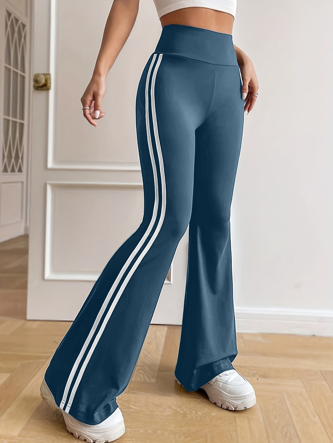 Side Striped Flare Leg Pants, Casual High Waist Pants, Women's Clothing