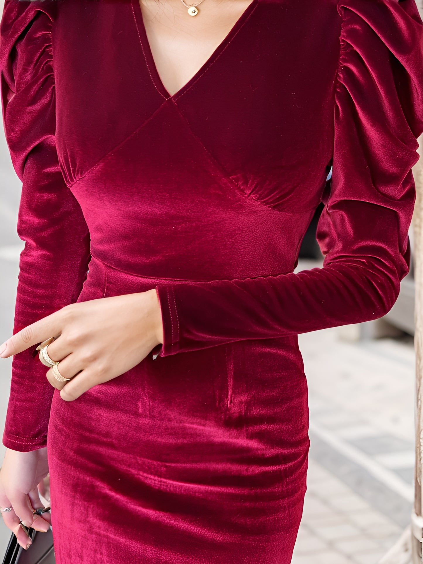 gbolsos Solid V-neck Velvet Dress, Elegant Puff Sleeve Bodycon Dress For Spring & Fall, Women's Clothing