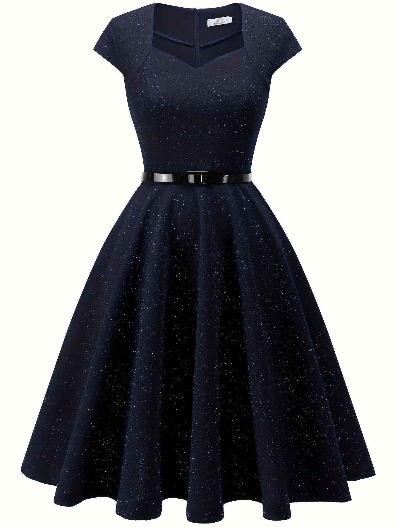 gbolsos Solid Color Cap Sleeve Dress, Vintage V Neck A-line Flare Dress, Women's Clothing