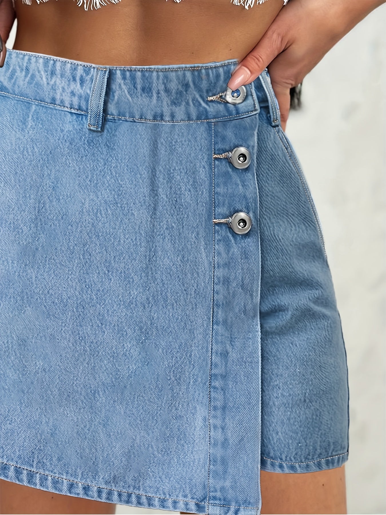 gbolsosBlue High Waist Short Denim Pants, High Rise Layer Single-Breasted Button Slim Fit Asymmetrical Short Denim Skirt Shorts, Kpop Y2K Style, Women's Denim Clothing