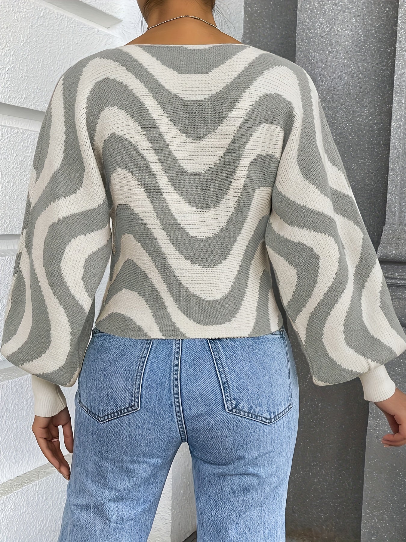 gbolsos Striped Boat Neck Pullover Sweater, Casual Lantern Sleeve Slim Sweater, Women's Clothing