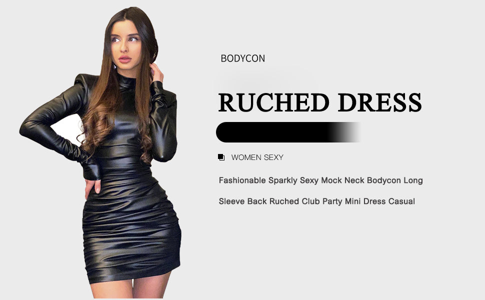 Long Sleeve Ruched Dress, Sexy Party Casual Dress For With Shoulder Pads, Women's Clothing