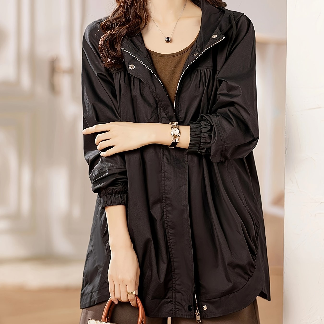 gbolsos Plus Size Solid Hooded Trench Coat, Casual Zip Up Long Sleeve Coat, Women's Plus Size Clothing