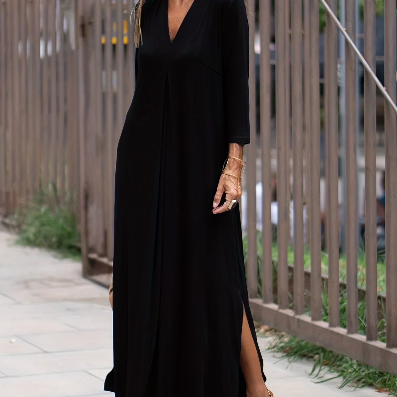 gbolsos Plus Size Casual Dress, Women's Plus Solid Long Sleeve V Neck Split Hem Maxi Dress