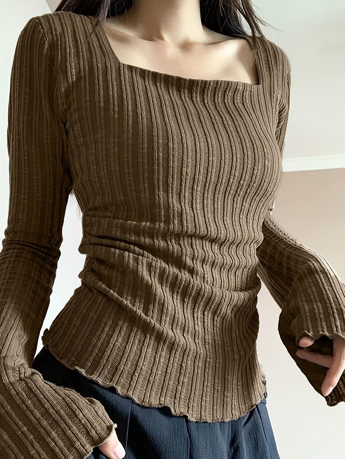 gbolsos Solid Square Neck T-shirt, Y2K Long Sleeve Lettuce Trim Top For Spring & Fall, Women's Clothing
