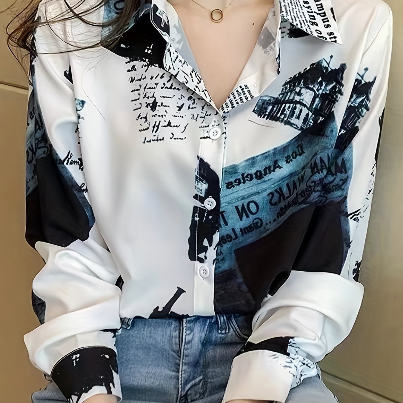 Graphic Print Button Front Shirt, Casual Long Sleeve Lapel Shirt, Women's Clothing