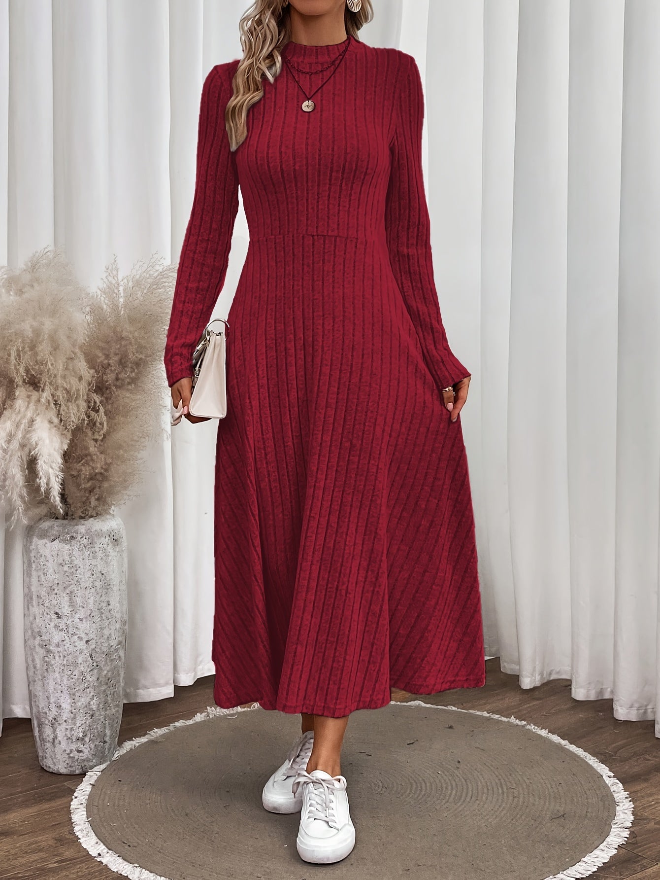 gbolsos Solid Rib-knit Ruffle Sweater Dress, Long Sleeve Mock Neck Elegant Maxi Dress, Women's Clothing