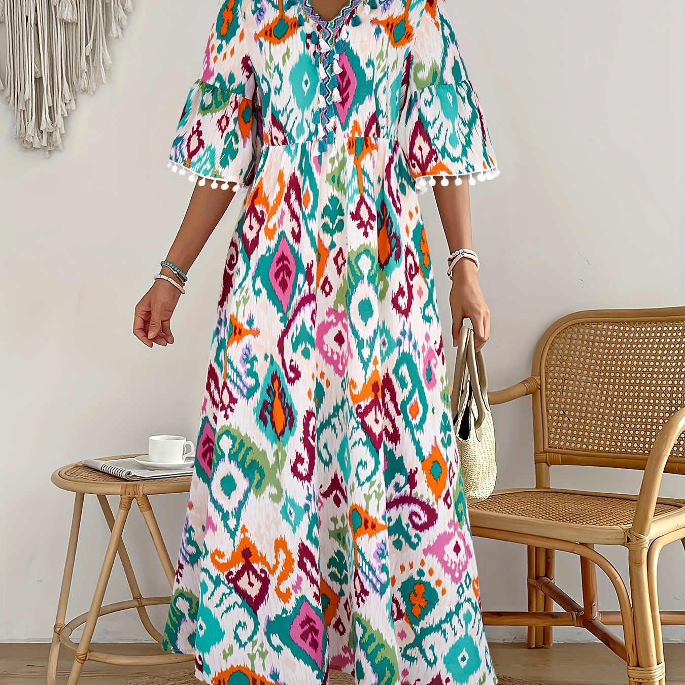 gbolsos Ikat Print Tassel Dress, Vacation V Neck High Waist Maxi Dress, Women's Clothing