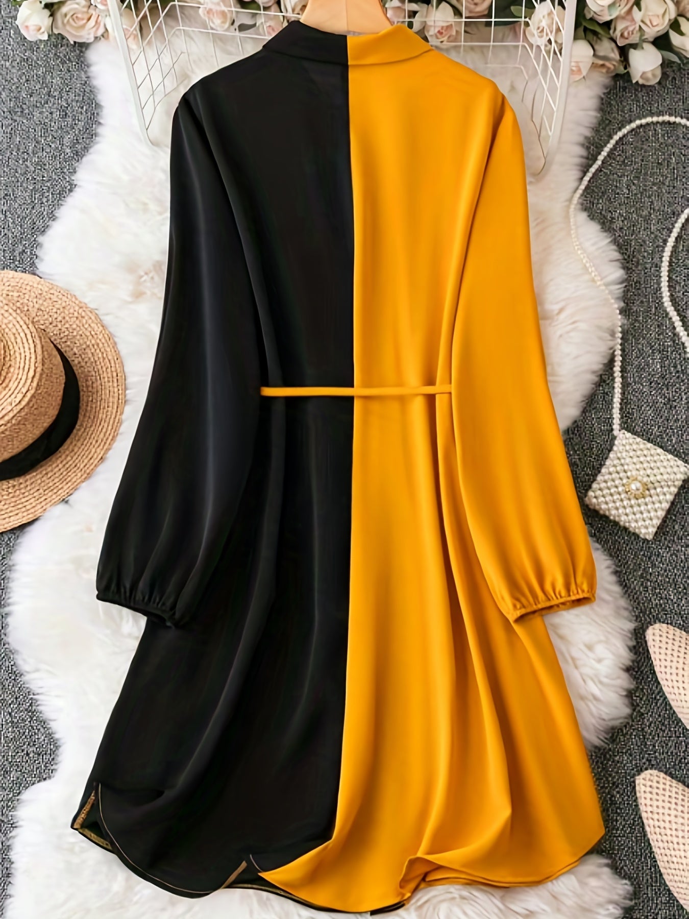 gbolsos Color Block Button Front Shirt Dress, Casual Tie-waist Lantern Sleeve Lapel Dress For Spring & Fall, Women's Clothing