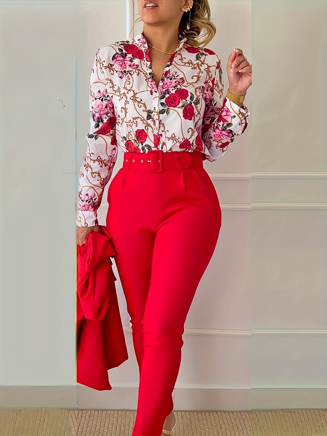 gbolsos Elegant Two-piece Set, Floral Print V Neck Long Sleeve Blouse & Solid Belted Tapered Pants Outfits, Women's Clothing