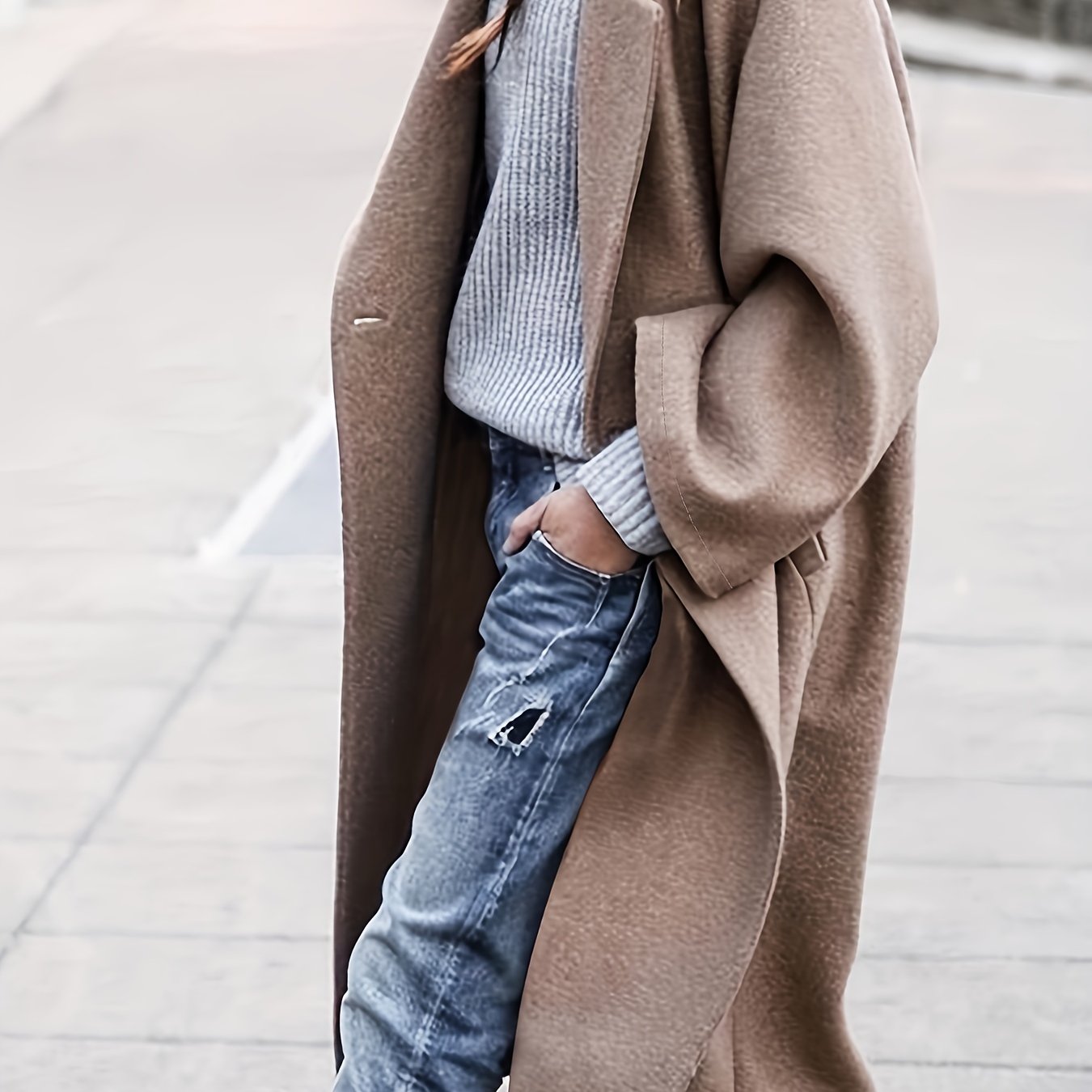 gbolsos Plus Size Elegant Coat, Women's Plus Solid Long Sleeve Lapel Collar Single Breasted Longline Overcoat