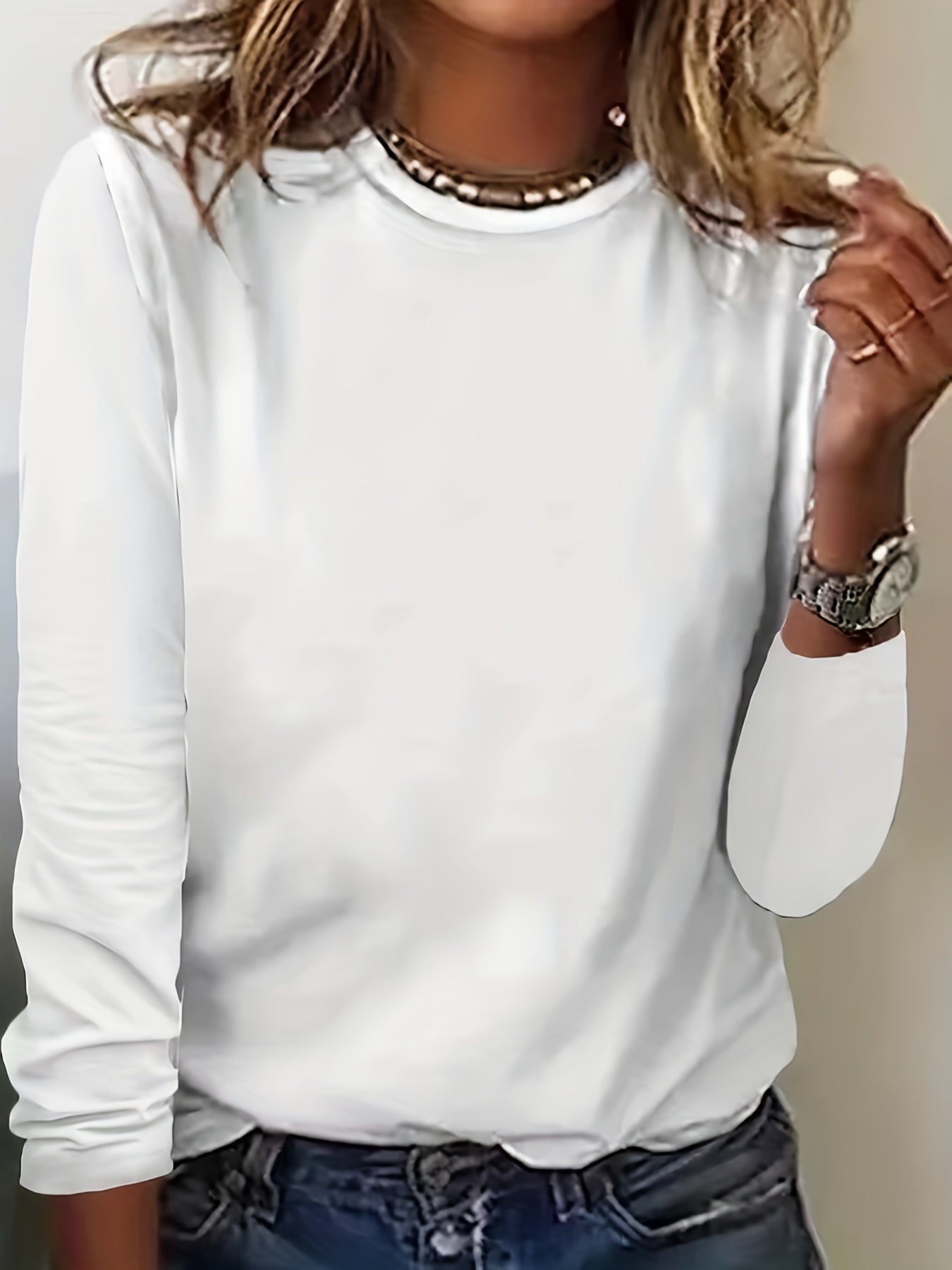 kkboxly Solid Simple T-shirt, Casual Crew Neck Long Sleeve T-shirt For Spring & Fall, Women's Clothing
