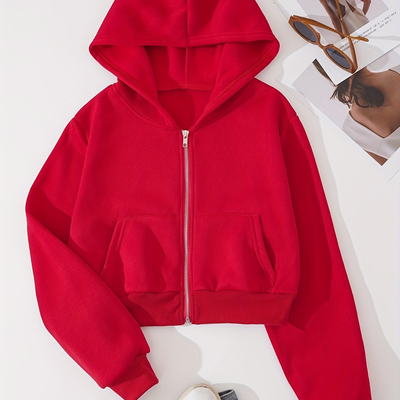 Zip Up Crop Hoodies, Long Sleeve Sports Casual Sweatshirt, Women's Clothing