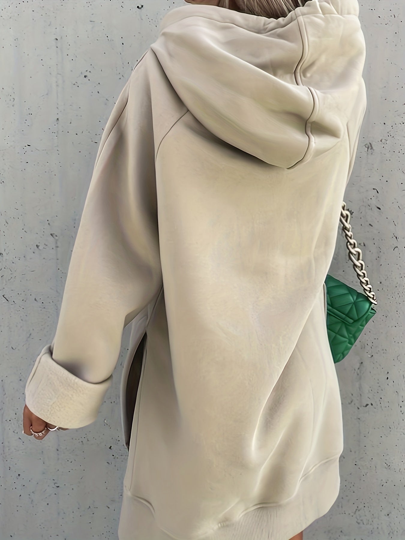 Solid Split Side Hooded Sweatshirt Dress, Casual Long Sleeve Drawstring Pocket Dress, Women's Clothing