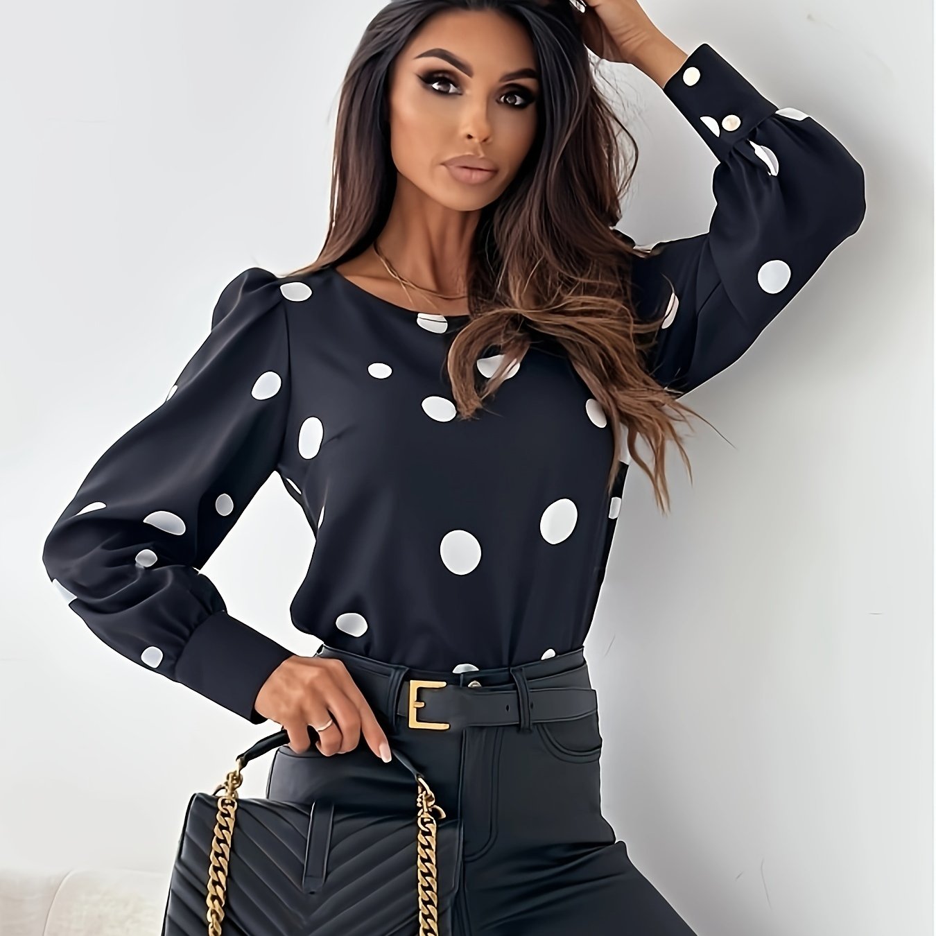 gbolsos Polka Dot Print Blouse, Casual Simple Long Sleeve Blouse, Women's Clothing