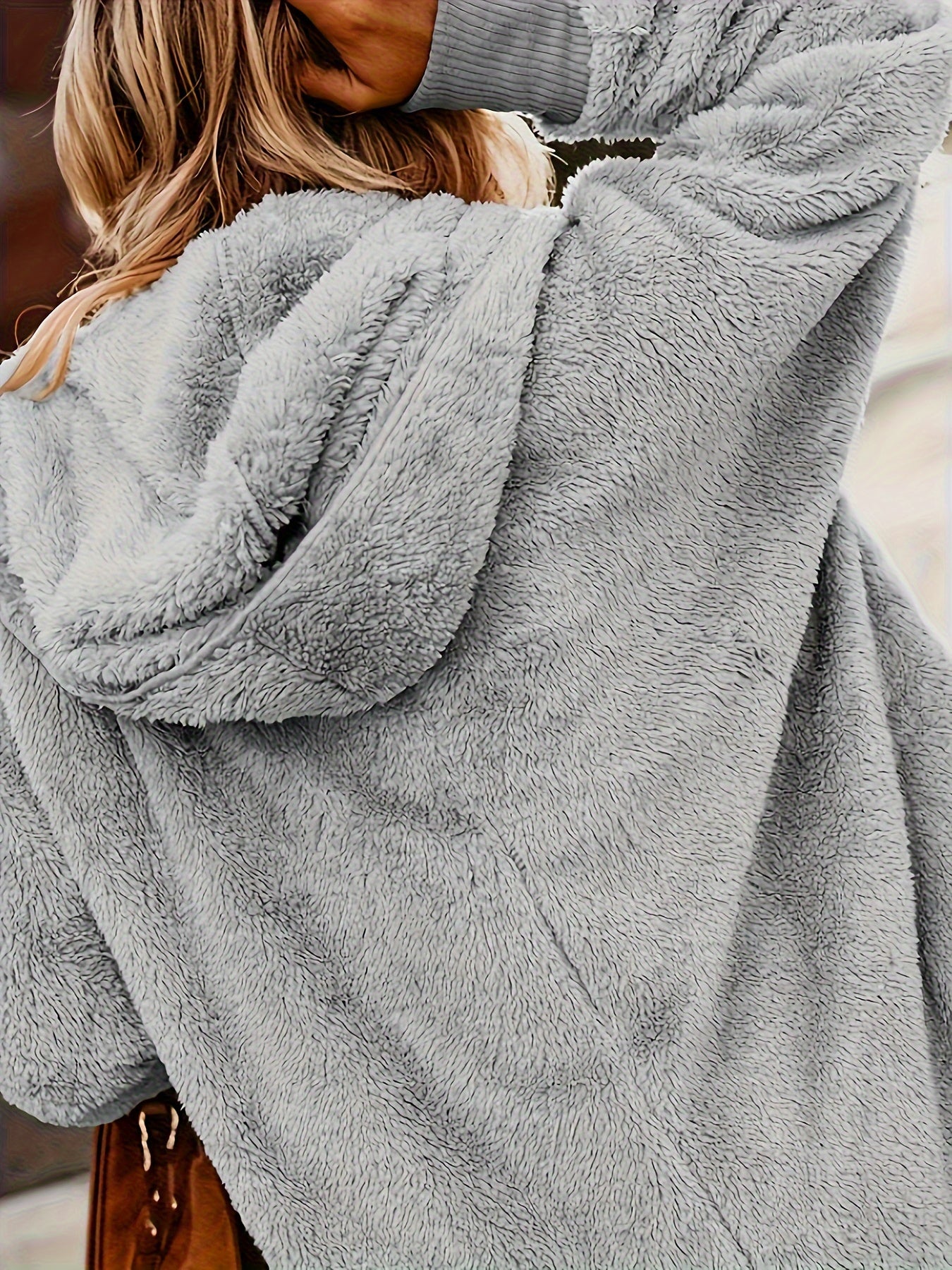 Plus Size Casual Coat, Women's Plus Solid Teddy Fleece Hooded Long Sleeve Open Front Tunic Coat