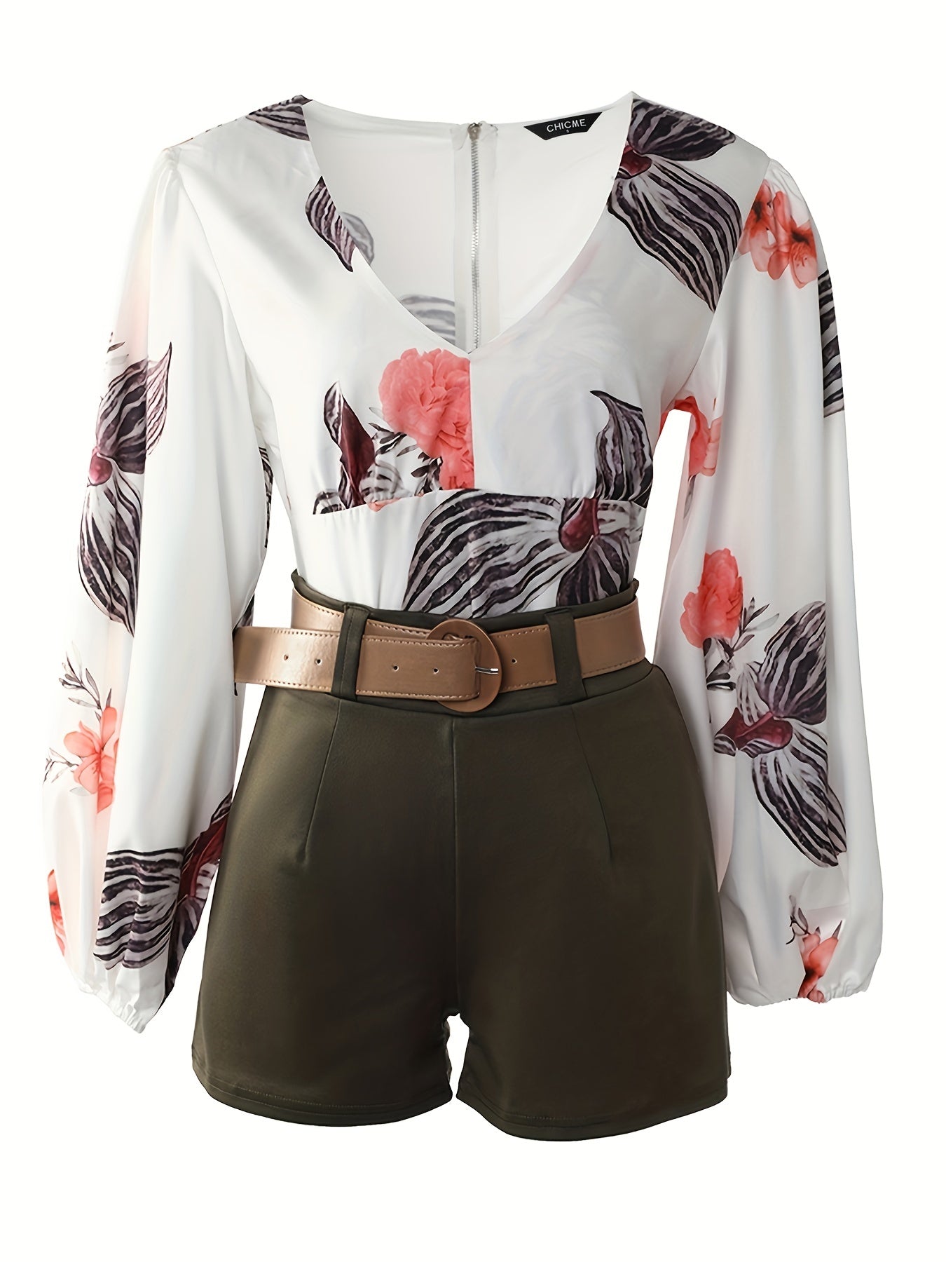 kkboxly Casual Bodycon Two-piece Set, Floral Print Lantern Sleeve V Neck Blouse & High Waist Shorts Outfits, Women's Clothing