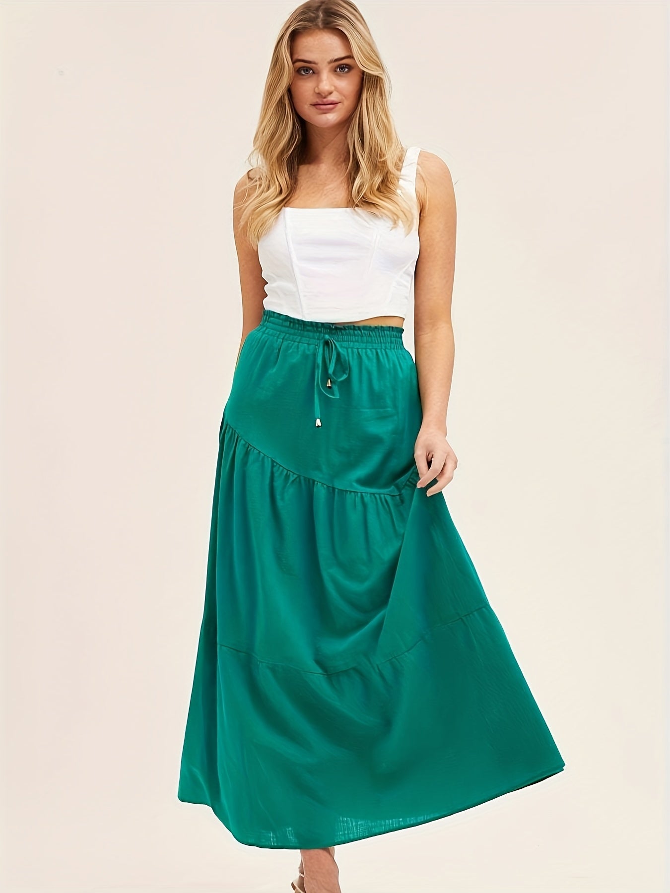 Solid Drawstring High Waist Skirt, Boho Pleated Long Length Skirt, Women's Clothing