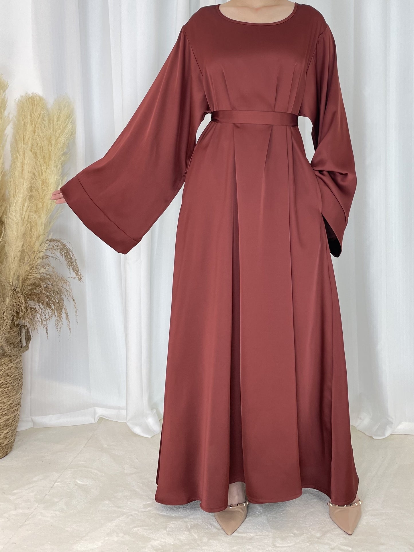 Solid Maxi Kaftan Abaya, Modest Crew Neck Long Sleeve Abaya, Women's Clothing