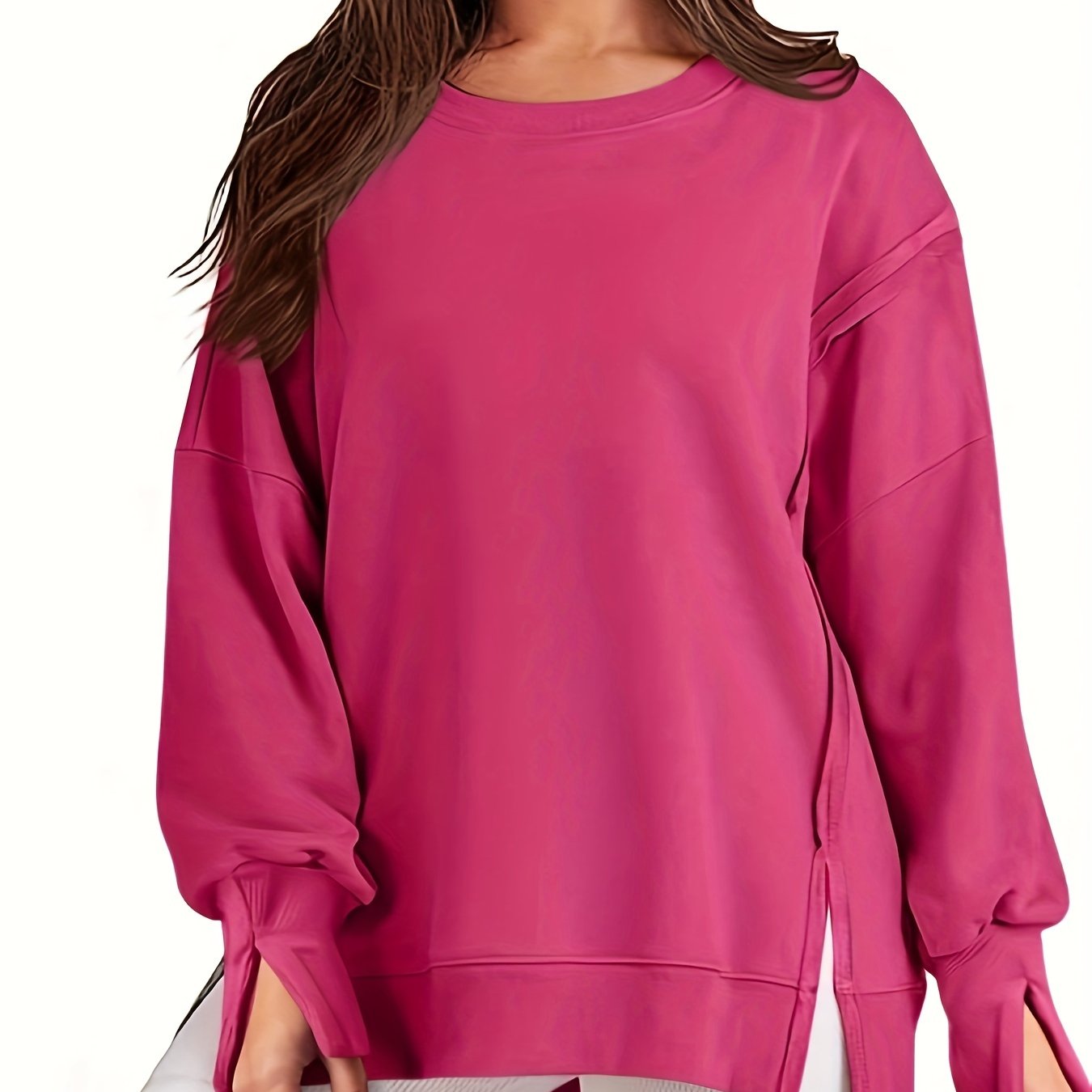 Top-stitching Dipped Hem Pullover Sweatshirt, Casual Long Sleeve Crew Neck Sweatshirt For Fall & Winter, Women's Clothing