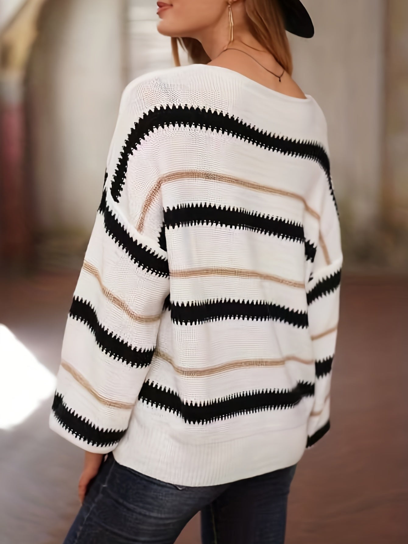 gbolsos Striped Pattern Crew Neck Knitted Top, Casual Long Sleeve Pullover Sweater For Fall & Winter, Women's Clothing