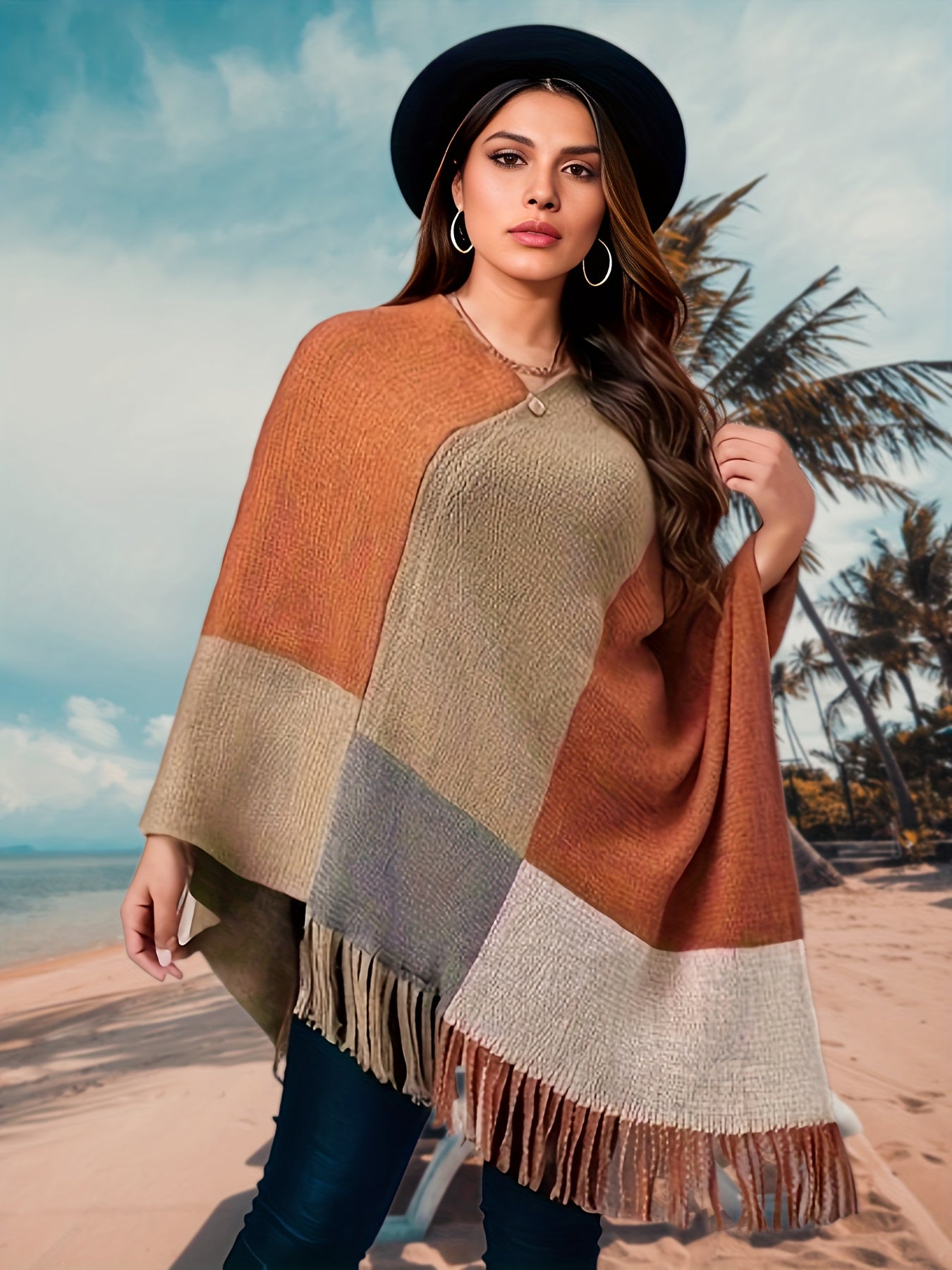 Plus Size Casual Coat, Women's Plus Colorblock Batwing Sleeve V Neck Tassel Trim Medium Stretch Shawl Cape Sweater Overcoat