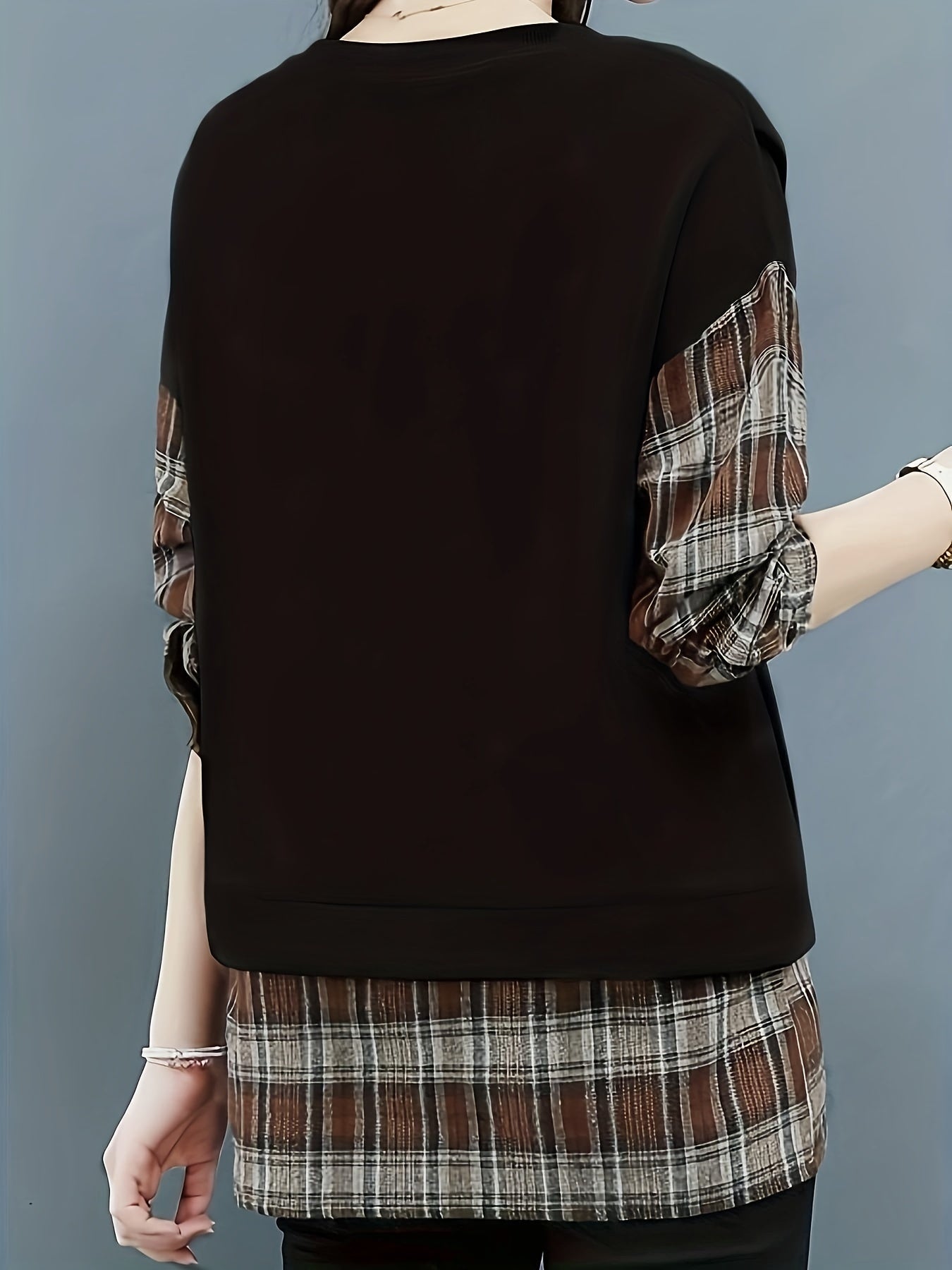 gbolsos Long Sleeve Plaid Pullover, Crew Neck Casual Top For Spring & Fall, Women's Clothing