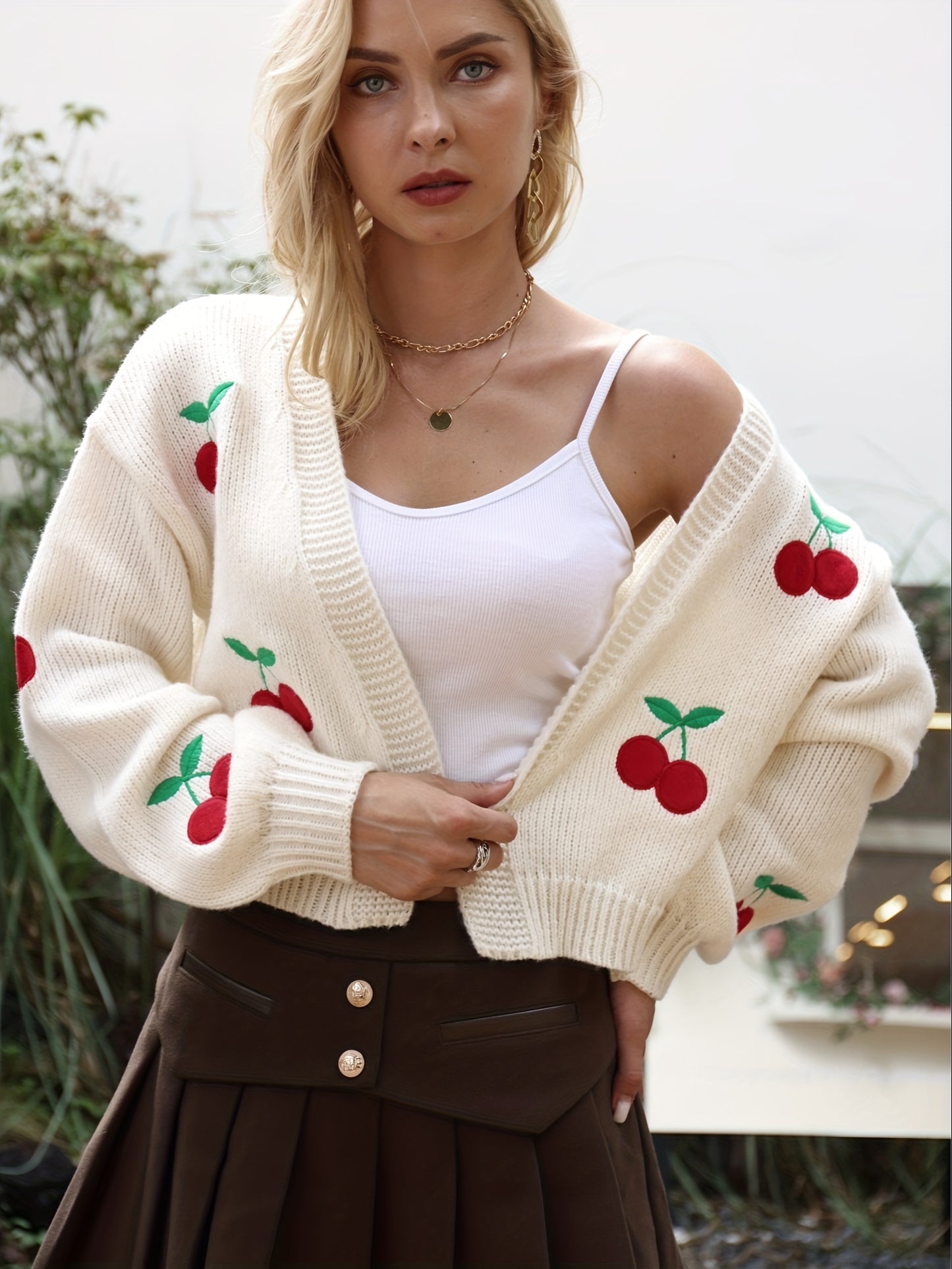 gbolsos Cherry Embroidered Knit Cardigan, Casual Open Front Long Sleeve Sweater, Women's Clothing