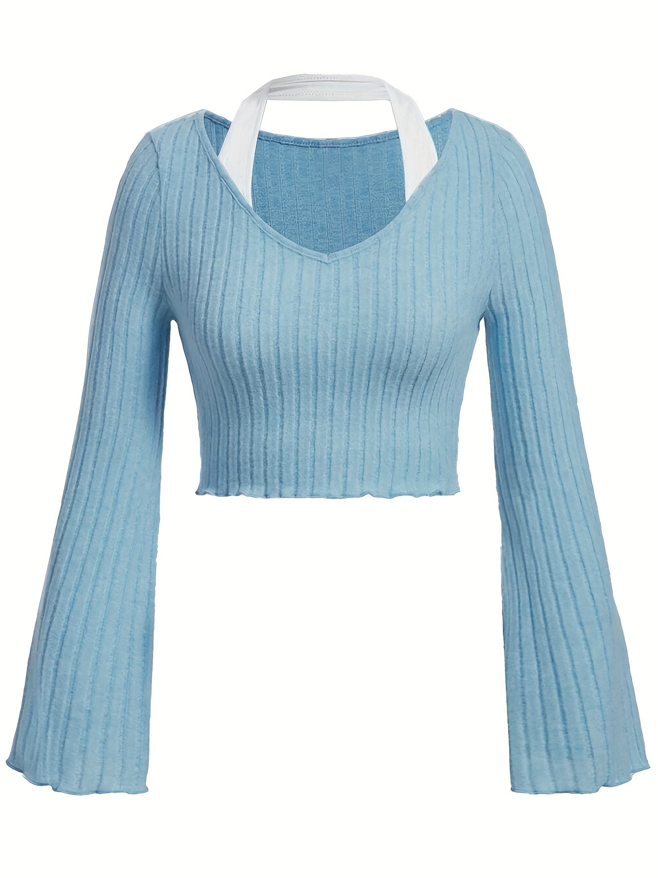 gbolsos Solid Rib Knit Sweater , Casual V Neck Flared Sleeve Sweater, Women's Clothing