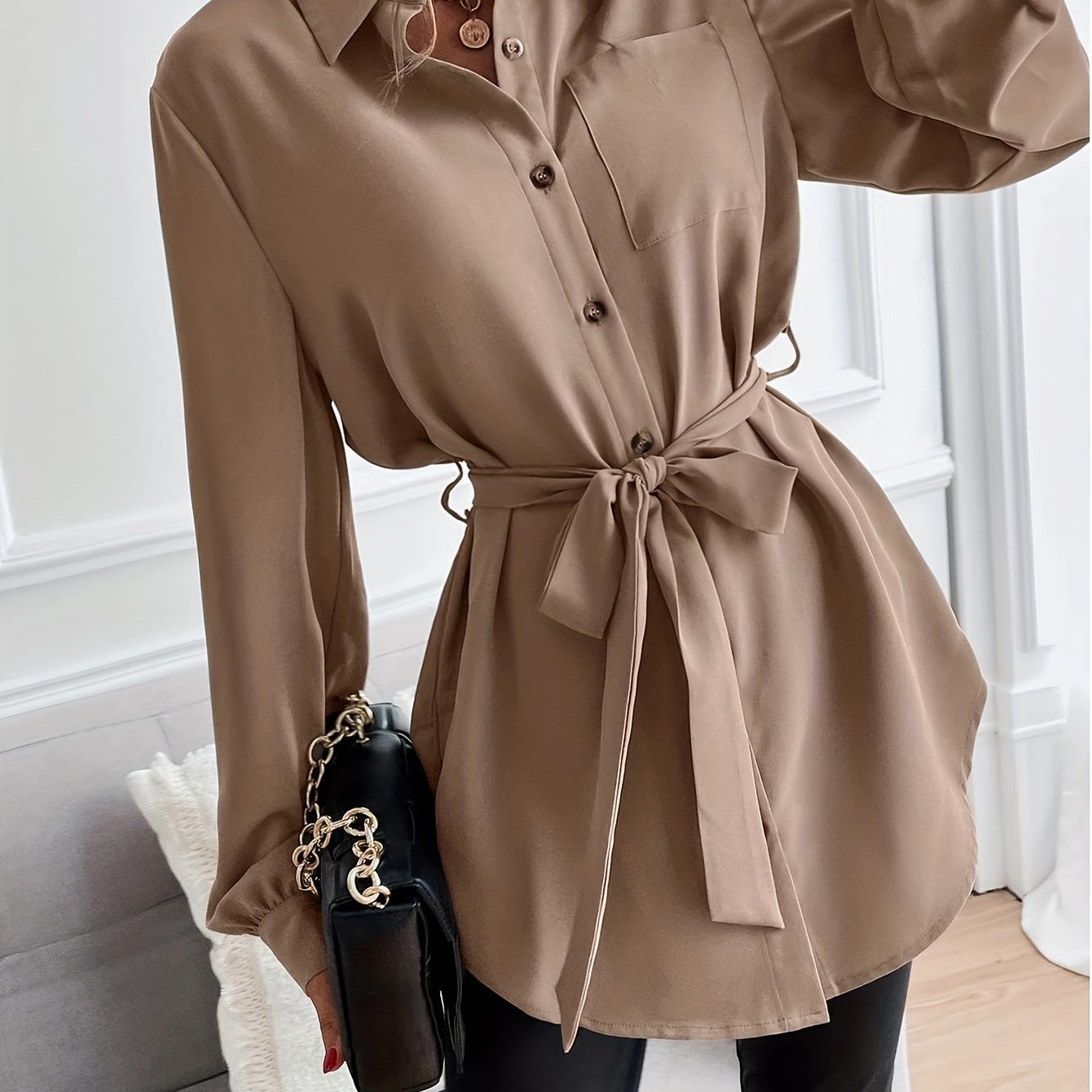 Solid Pocket Polo Collar Belted Blouse, Casual Long Sleeve Blouse For Spring & Fall, Women's Clothing