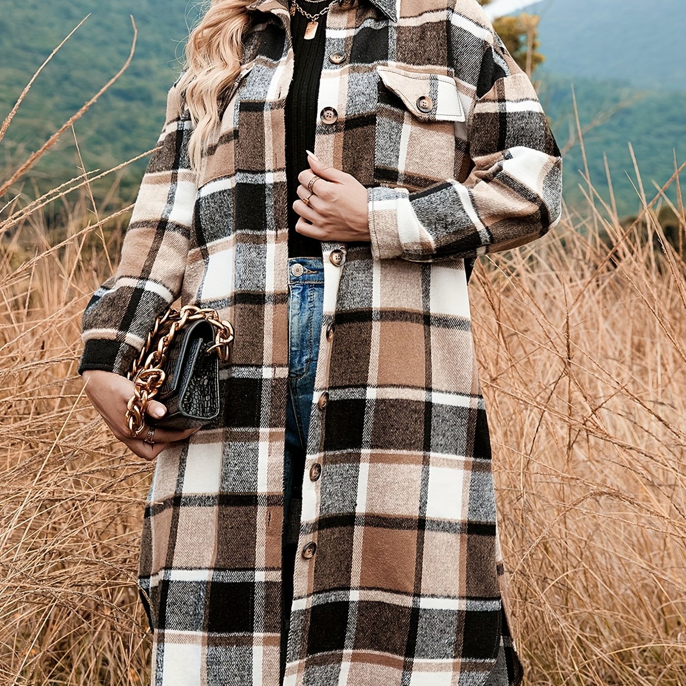 gbolsos Plaid Shacket Split Lapel Jacket, Button Down With Pockets Outerwear, Women's Clothing